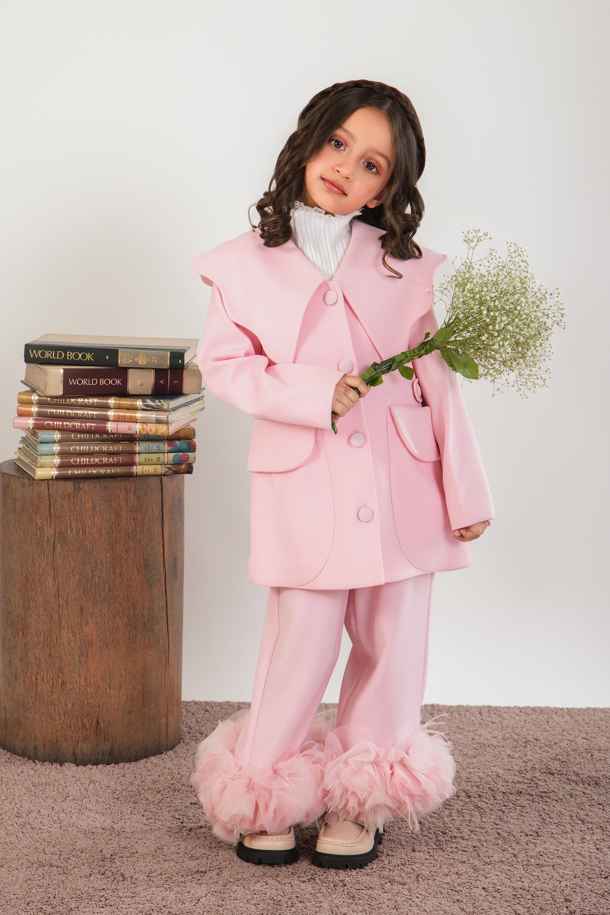Paige Pink Blazer & Pants Set with Tulle Flowers & Feathers