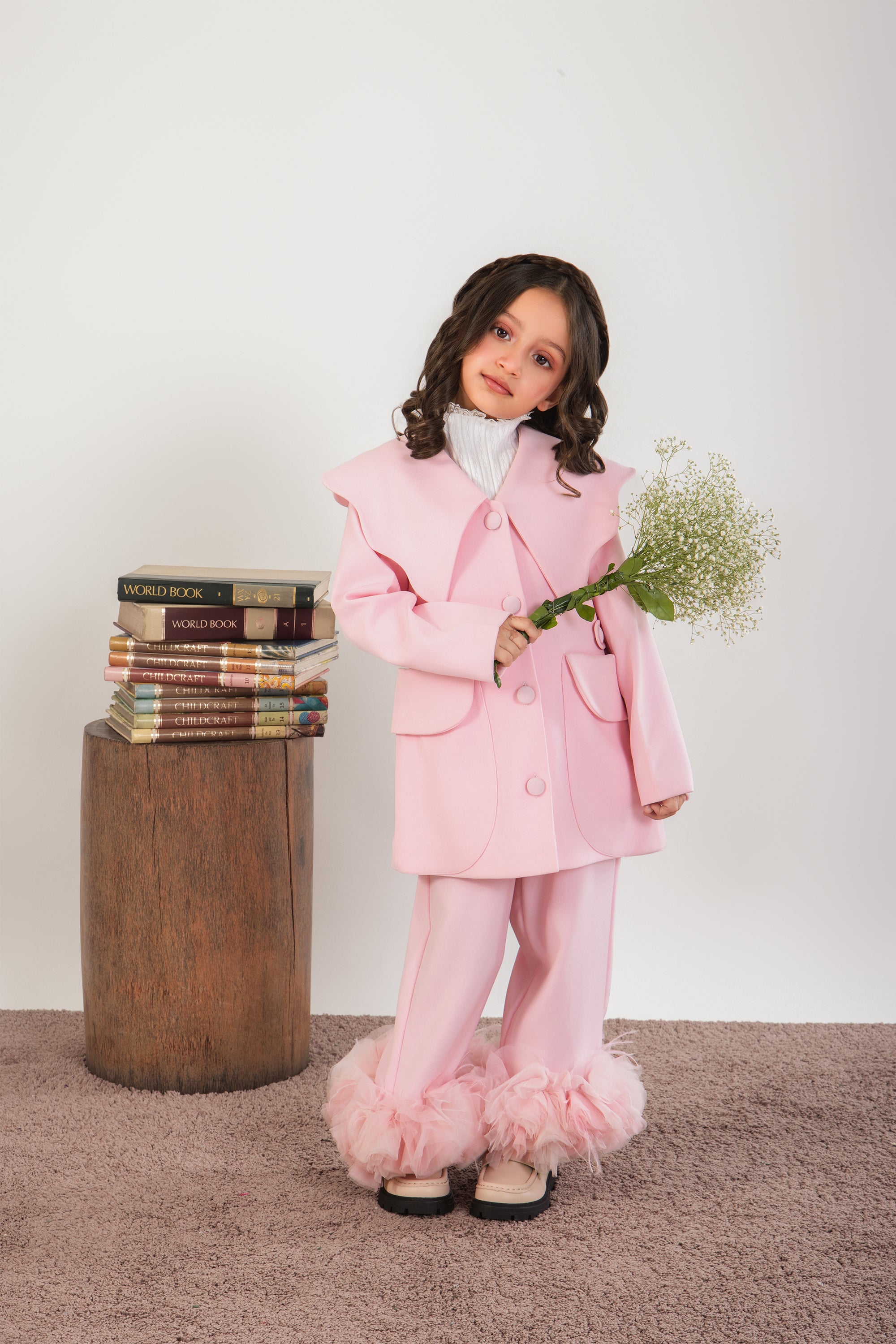 Paige Pink Blazer & Pants Set with Tulle Flowers & Feathers