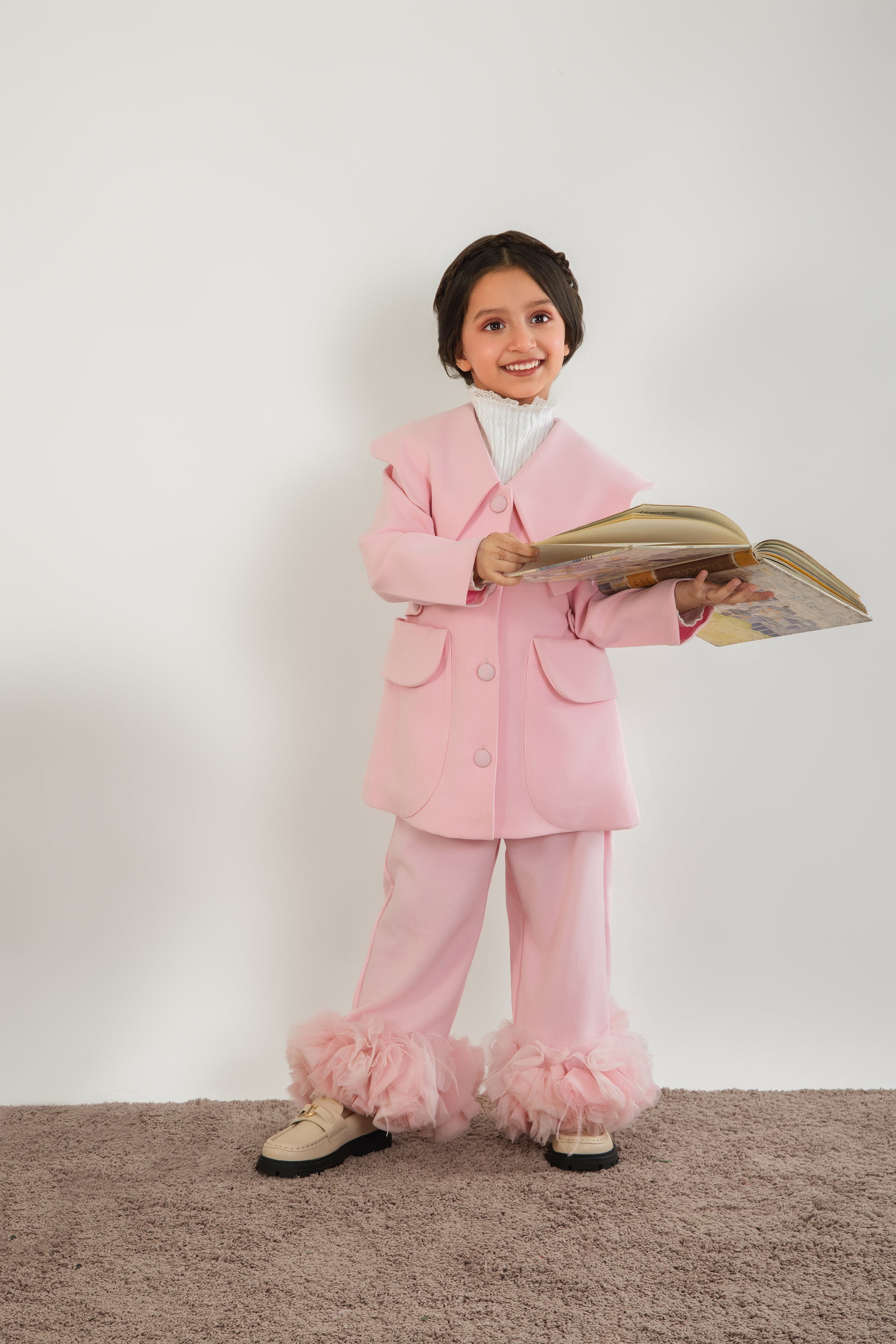 Paige Pink Blazer & Pants Set with Tulle Flowers & Feathers
