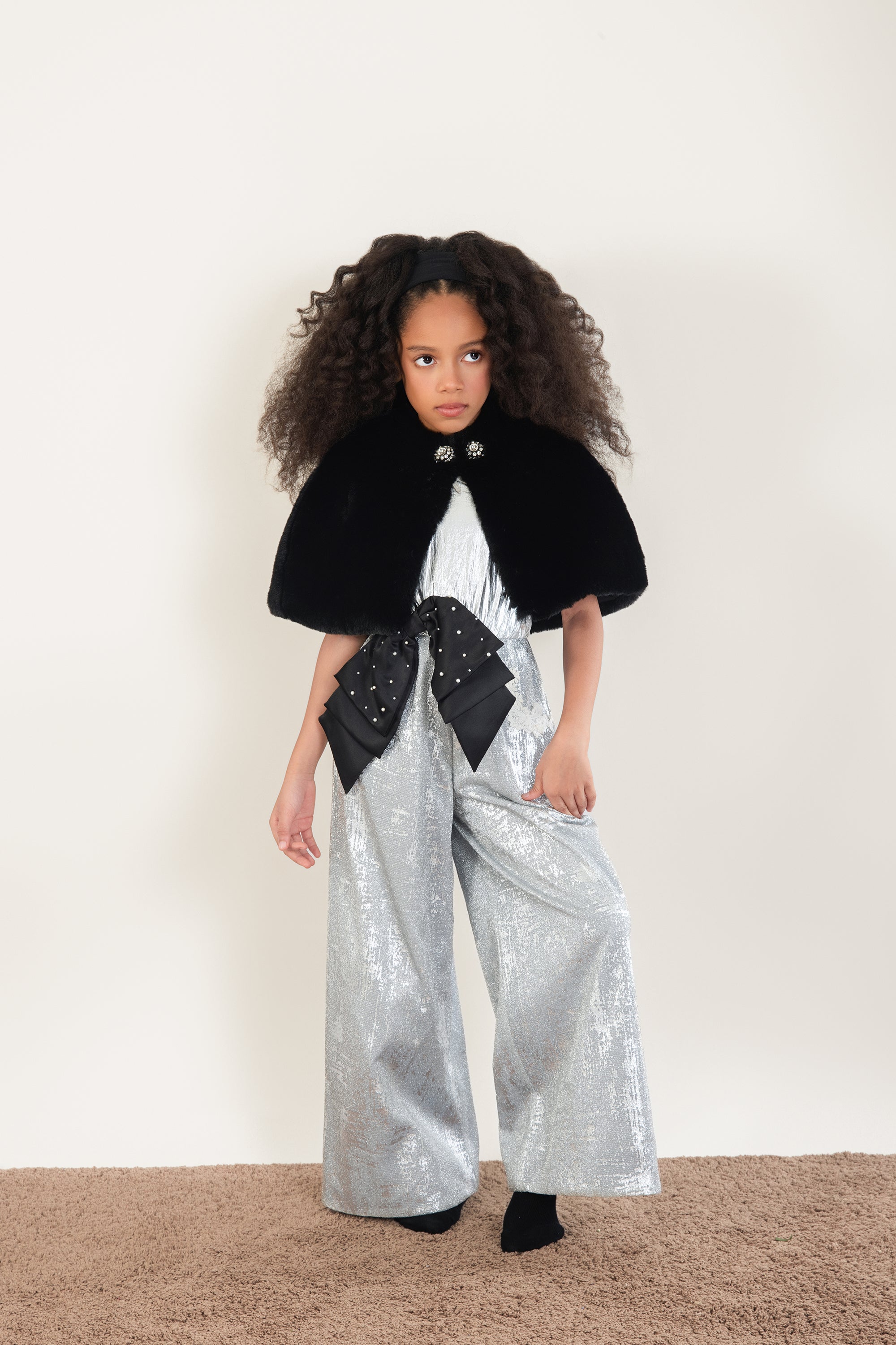 Black Fur Cape with Embellished Brooches