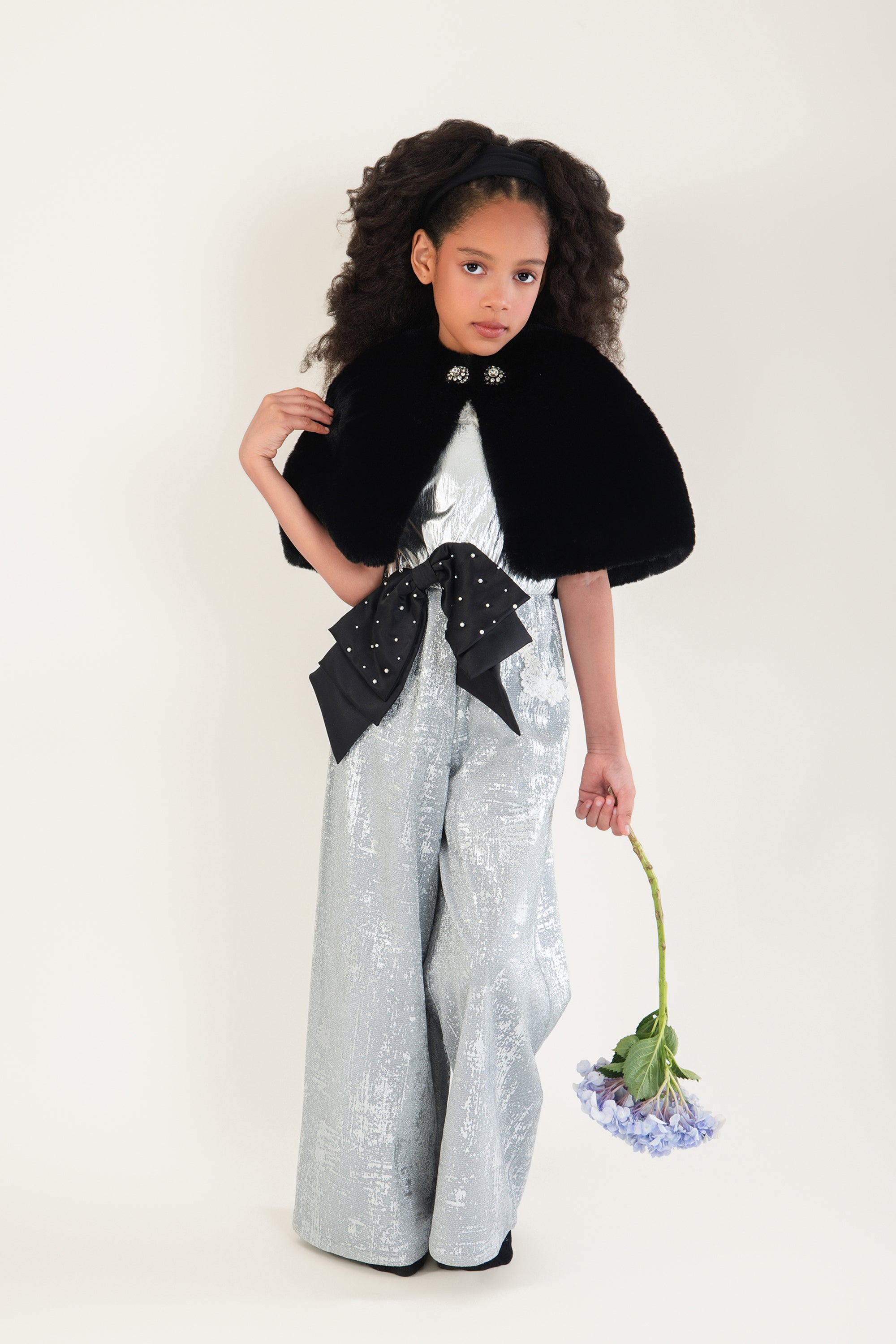 Black Fur Cape with Embellished Brooches