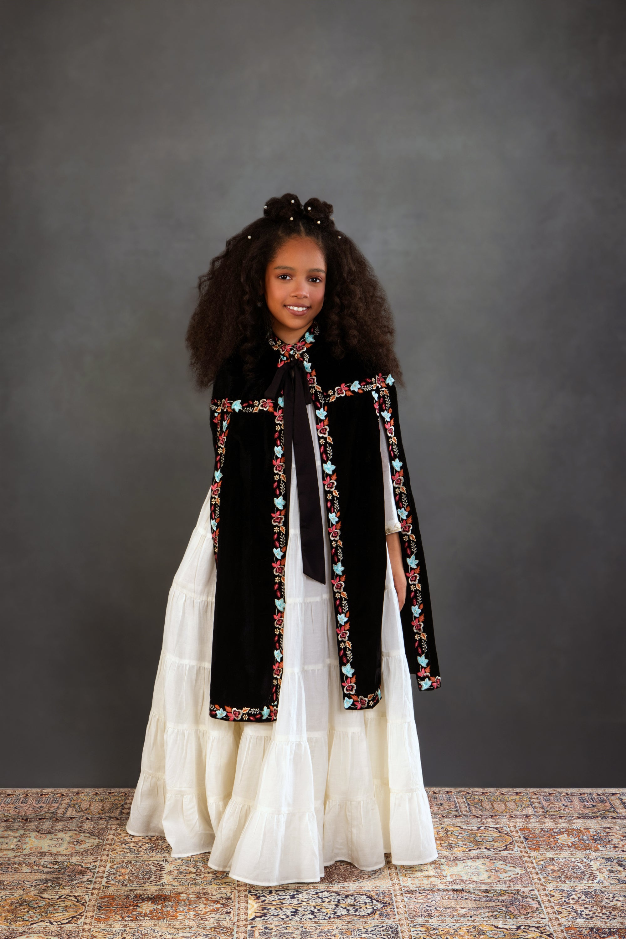 Black Floral Long Cape with Jalabiya