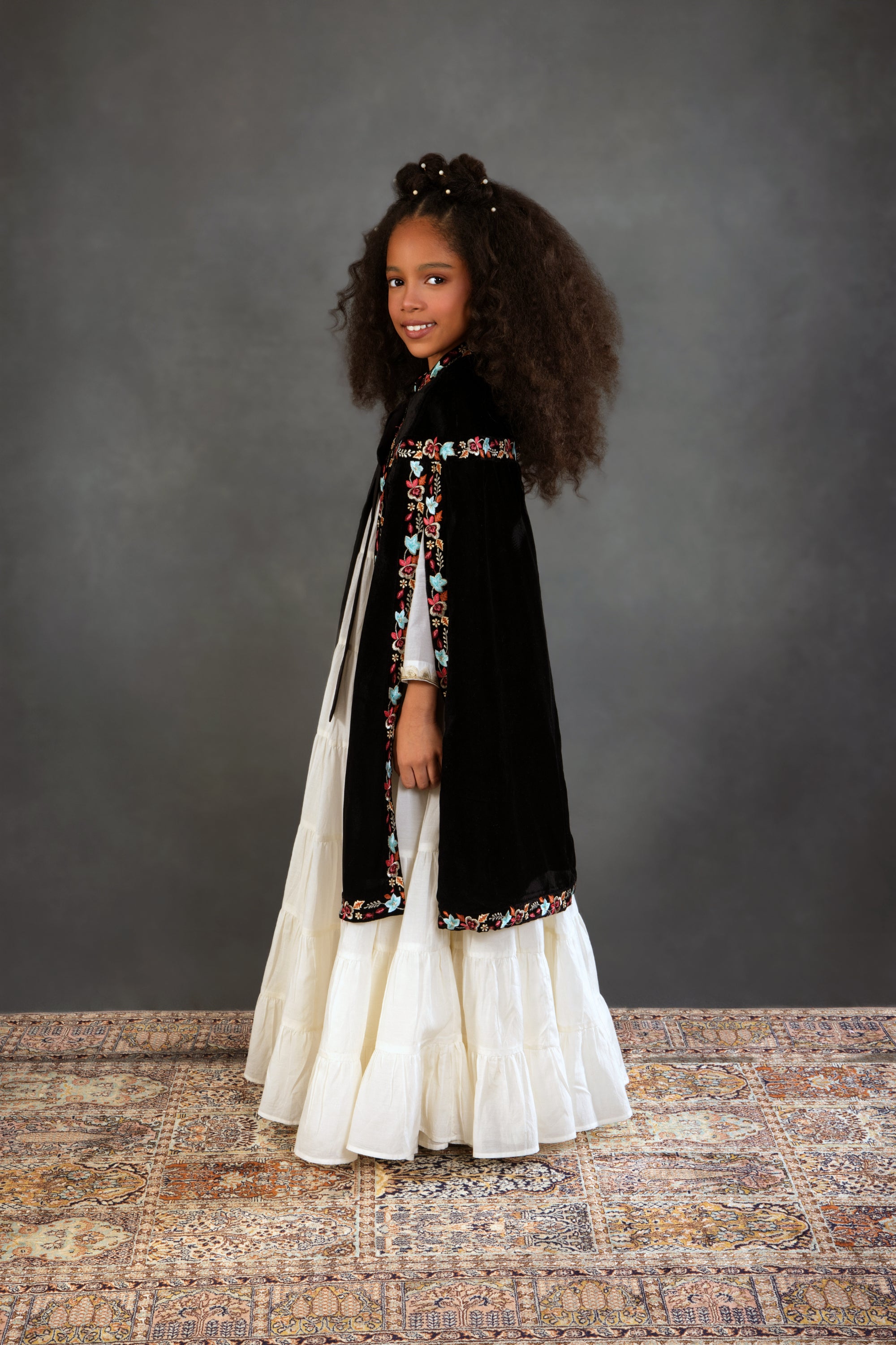Black Floral Long Cape with Jalabiya