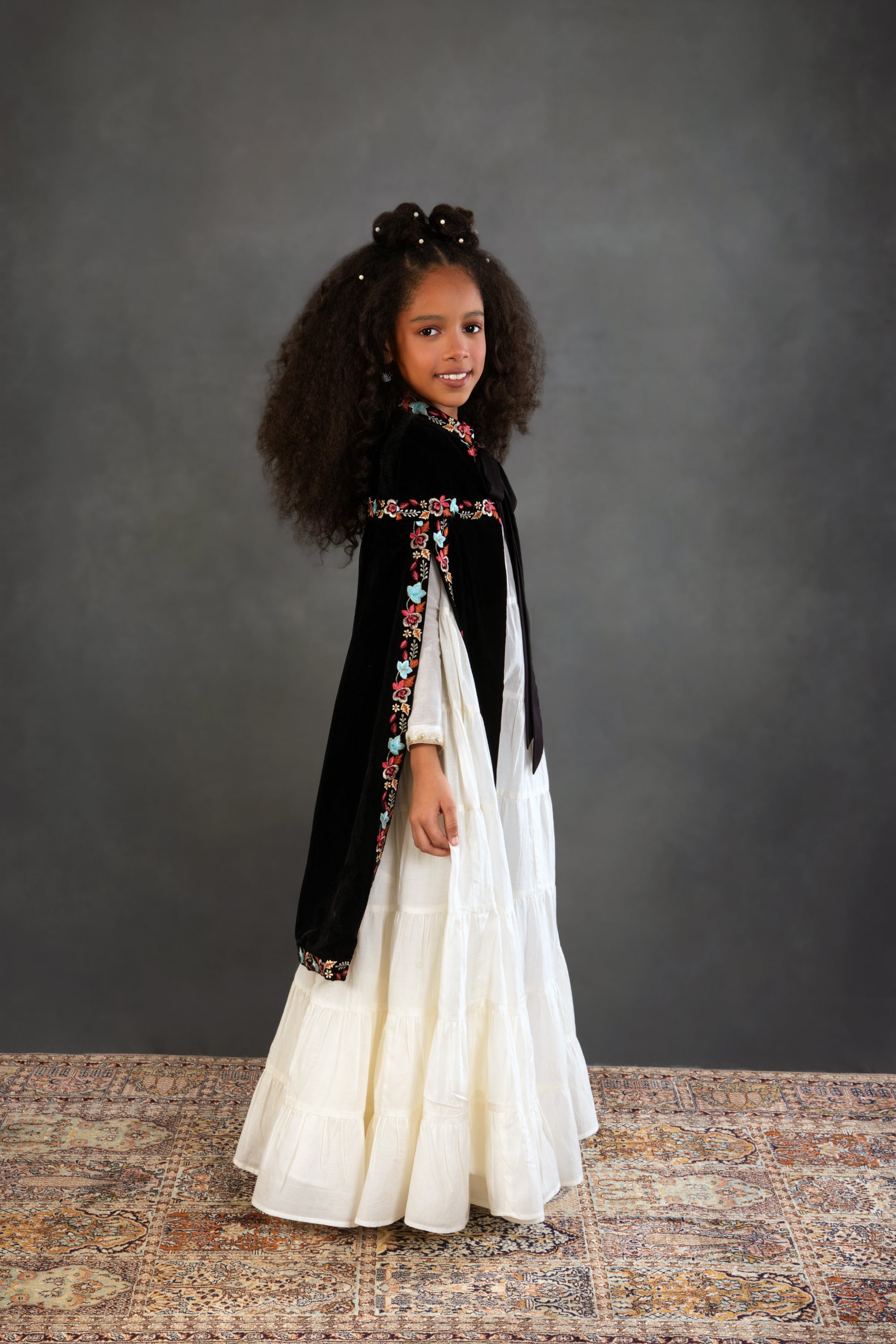 Black Floral Long Cape with Jalabiya