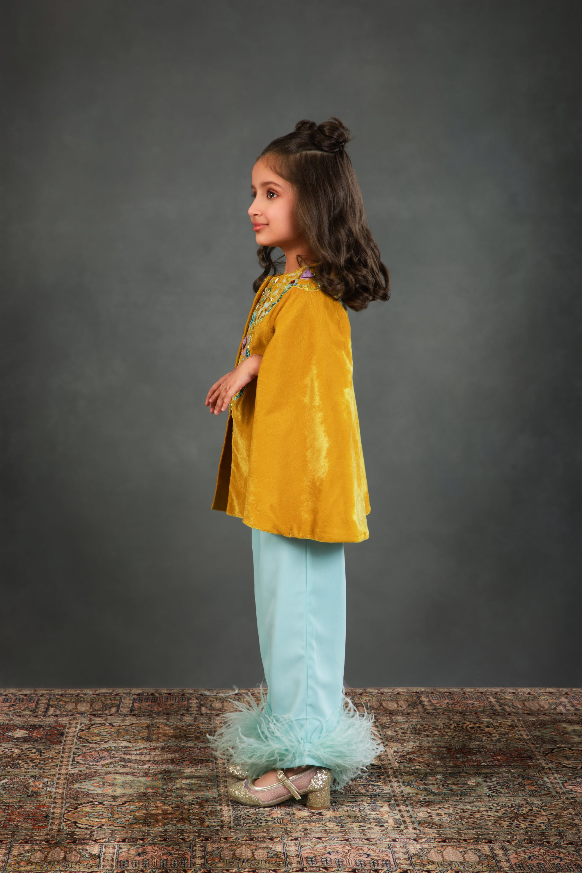 Zoey Yellow Cape with Feather Pants