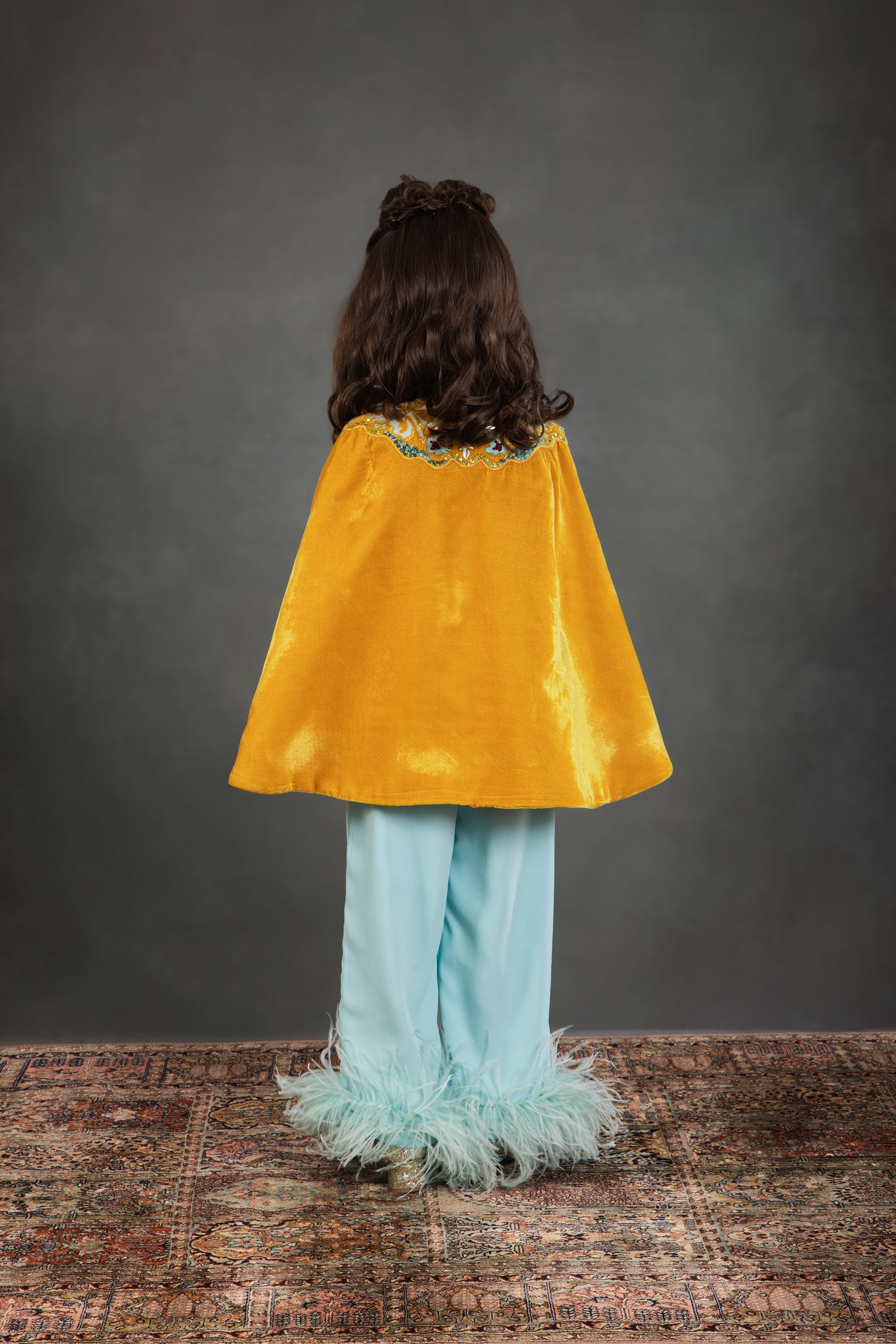 Zoey Yellow Cape with Feather Pants