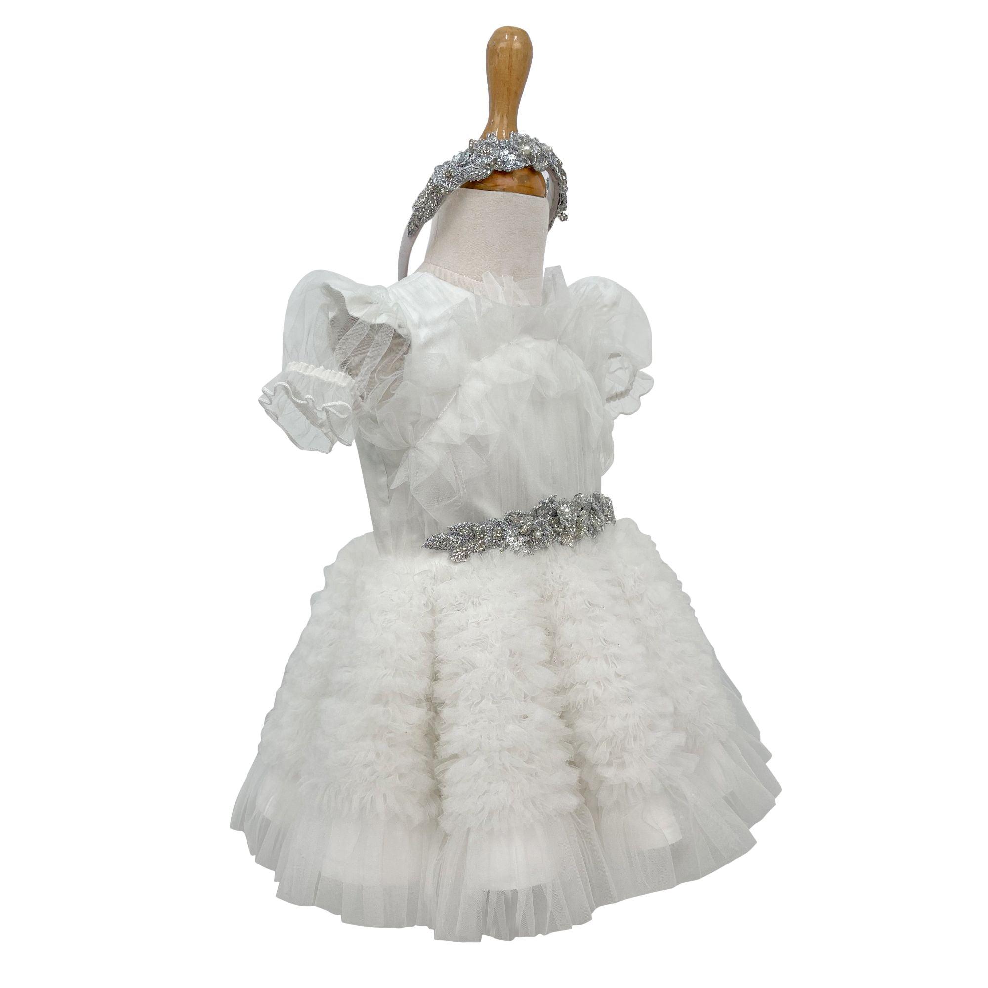 The Embellished Ariel Tulle Dress with Sleeves (White)