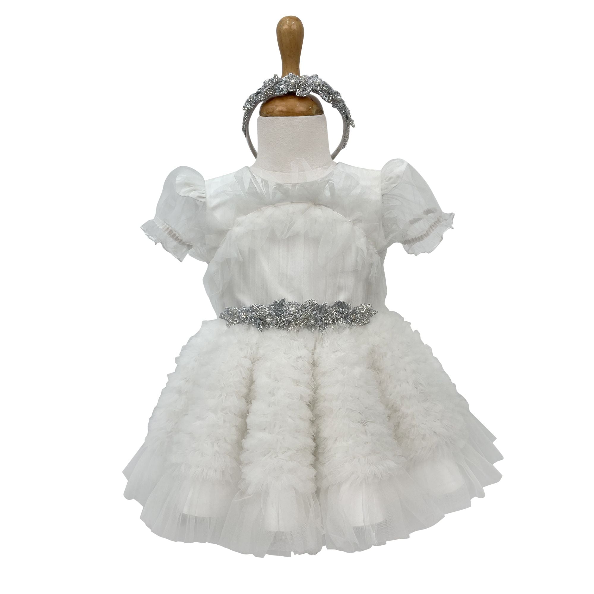 The Embellished Ariel Tulle Dress with Sleeves (White)