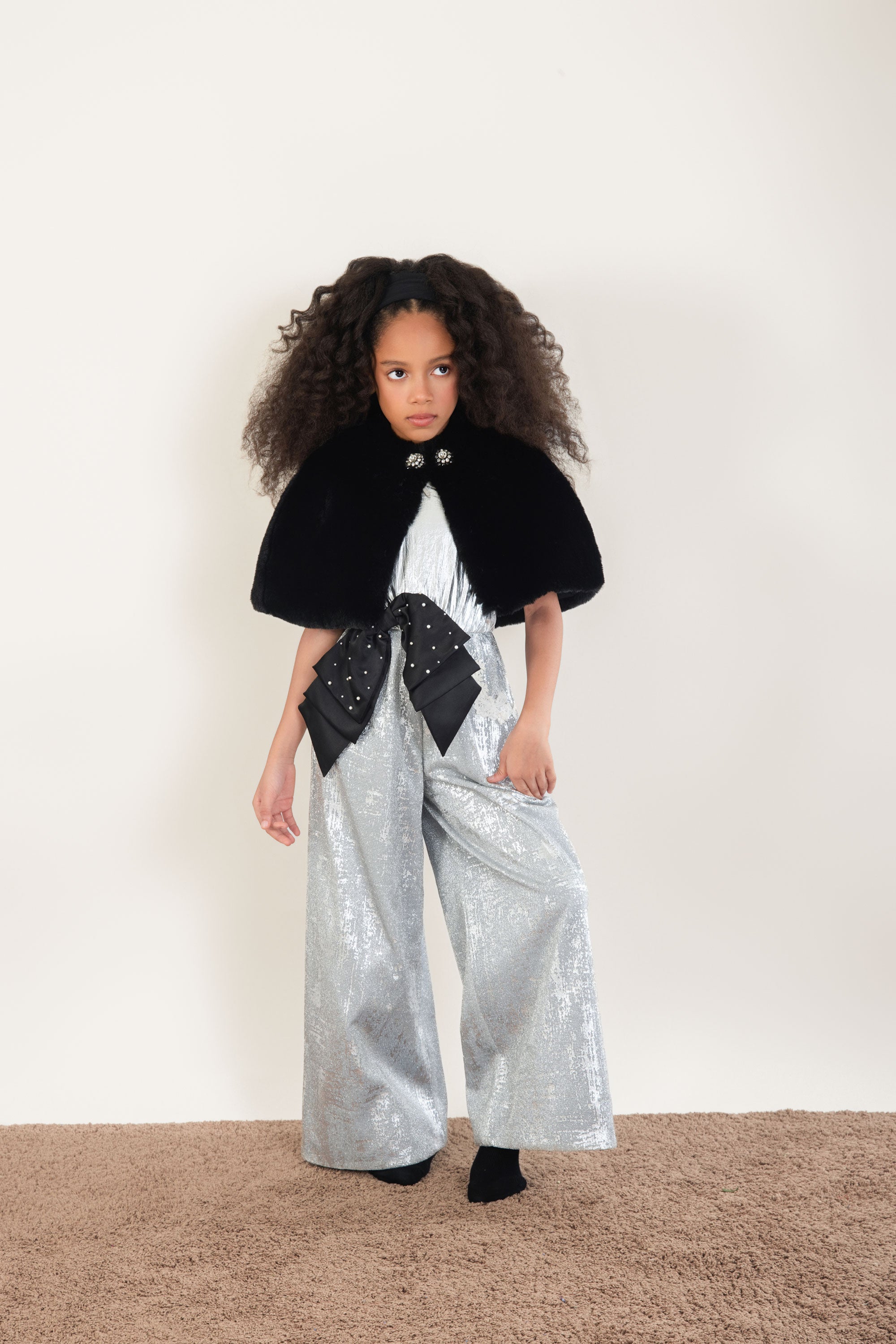 Black Fur Cape with Silver Mia Jumpsuit