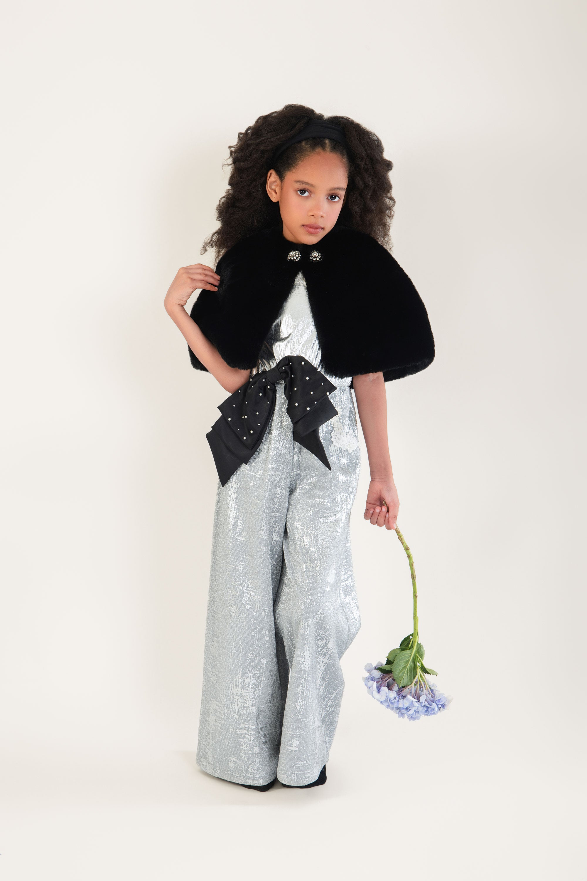 Black Fur Cape with Silver Mia Jumpsuit