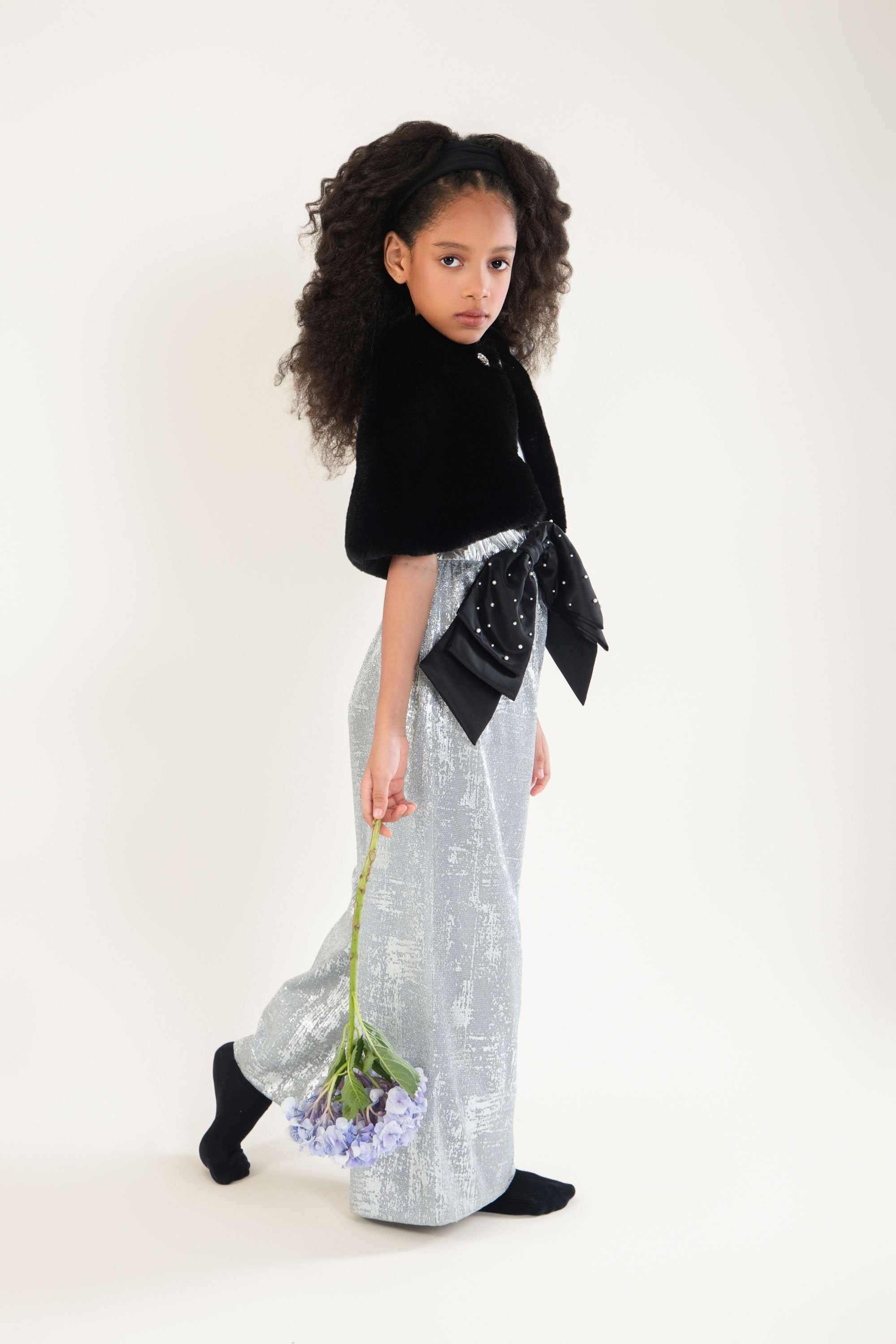 Black Fur Cape with Silver Mia Jumpsuit