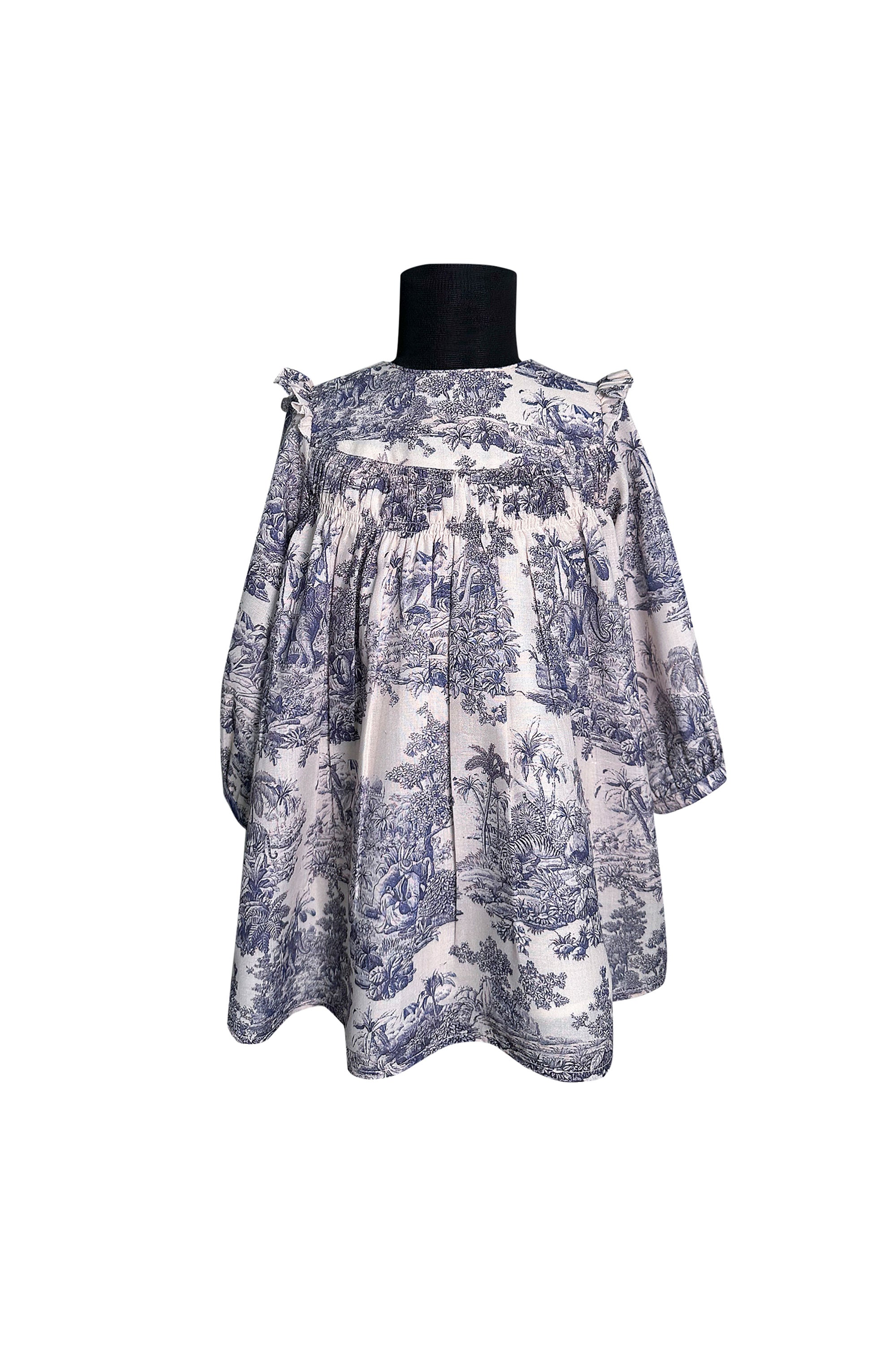Blue and White Printed Full Sleeves Dress