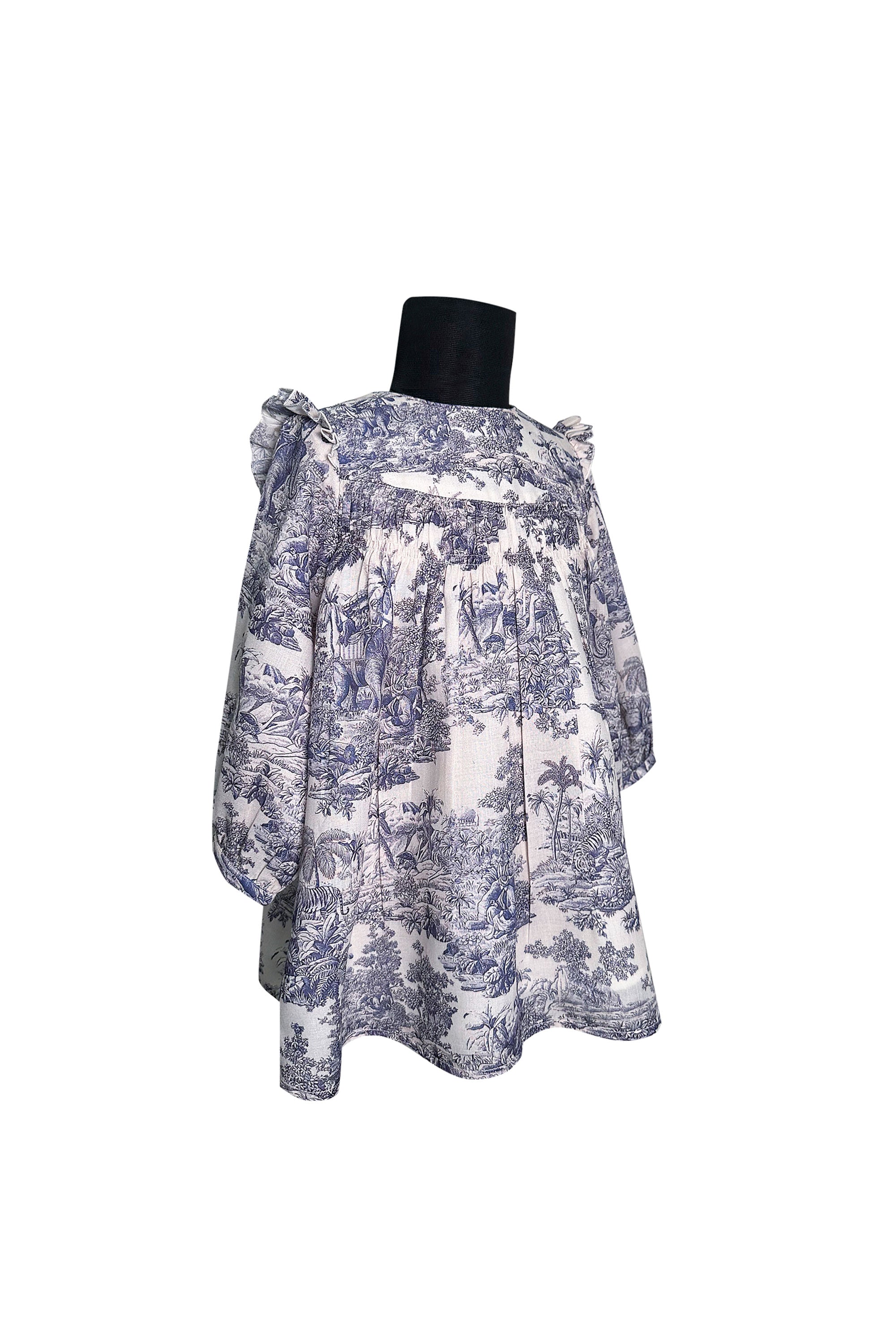 Blue and White Printed Full Sleeves Dress