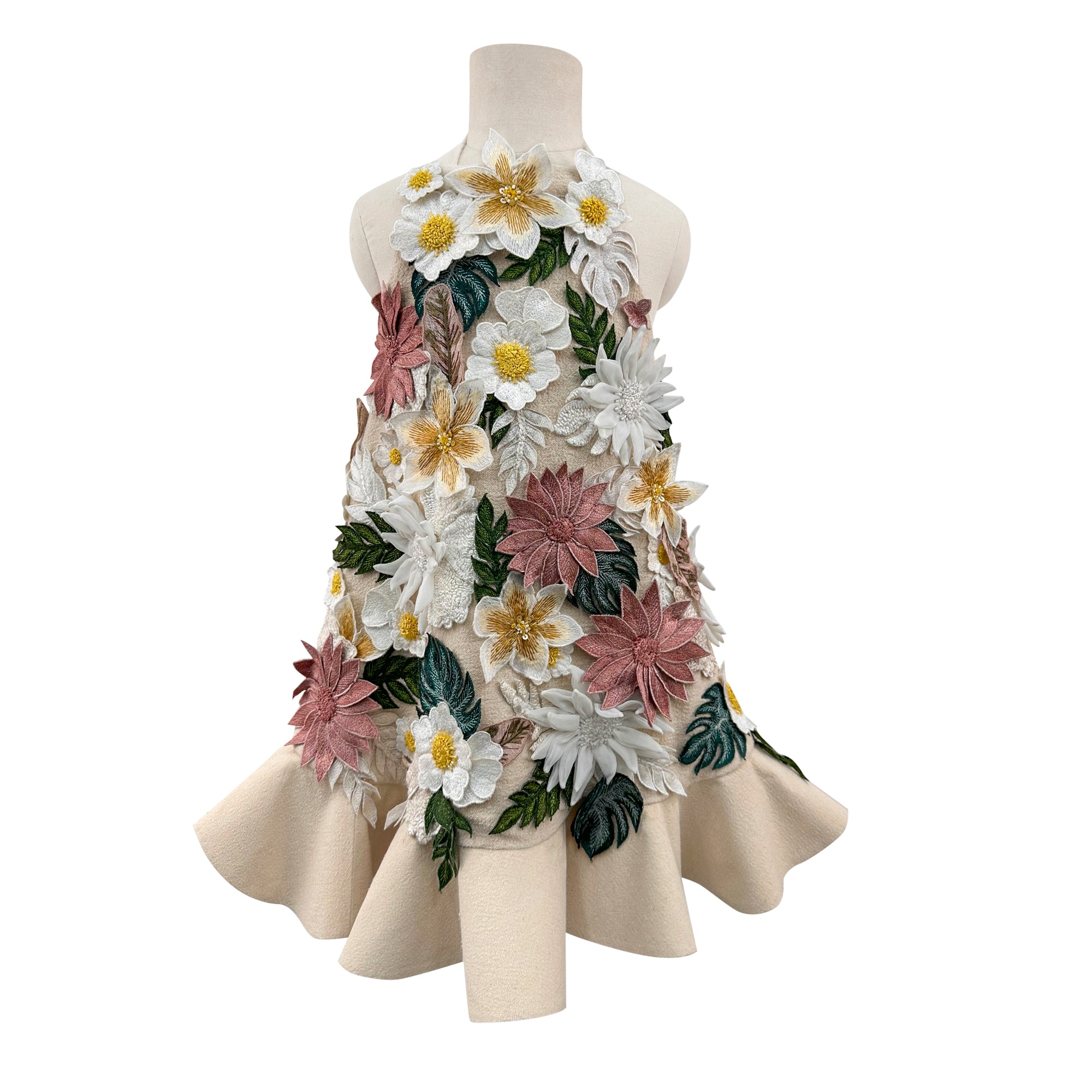 Floral Applique Dress with Detachable Feathers