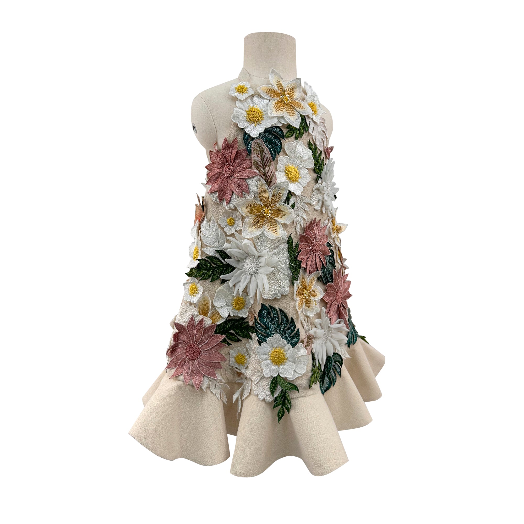 Floral Applique Dress with Detachable Feathers
