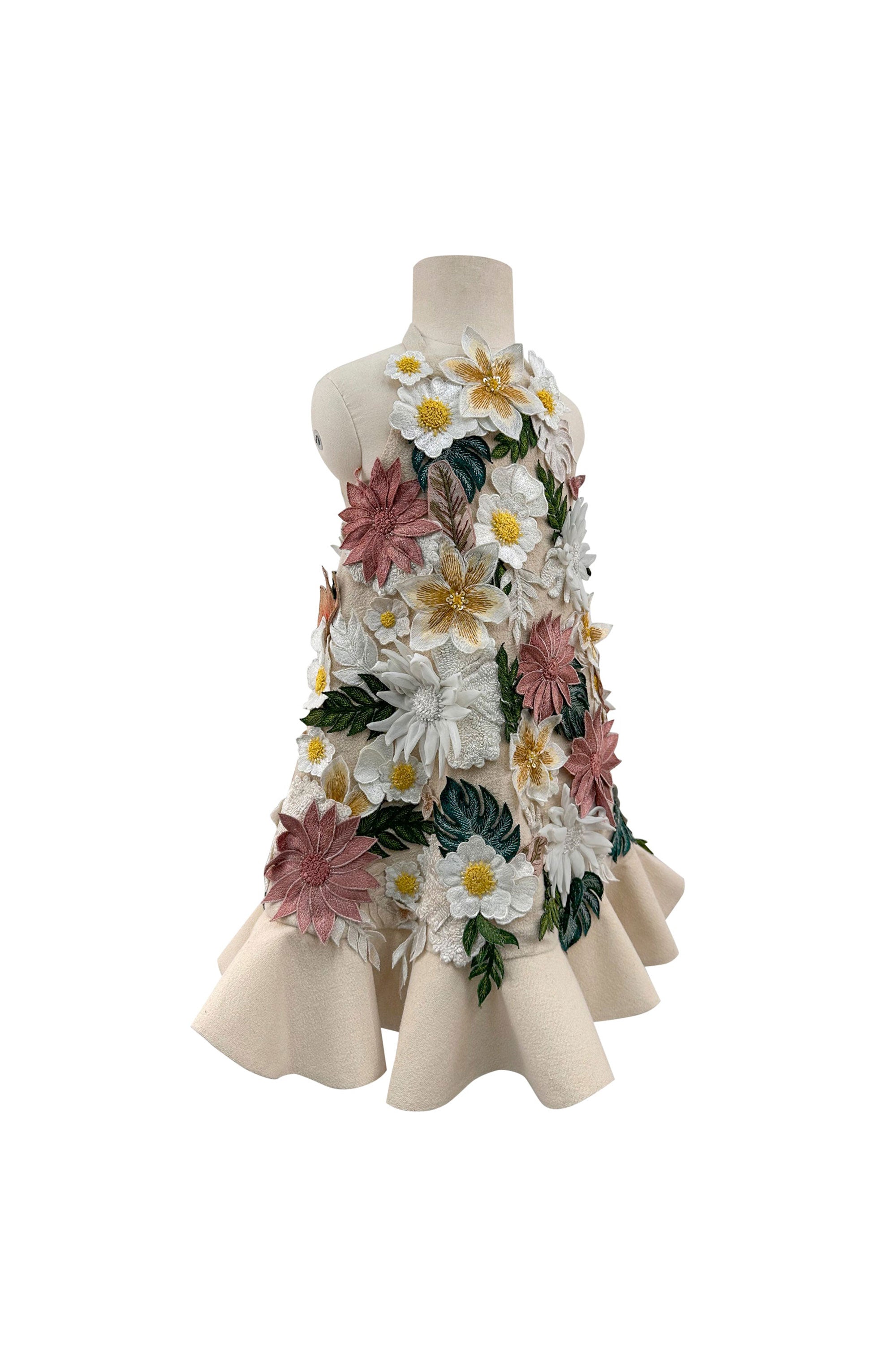Floral Applique Dress with Detachable Feathers