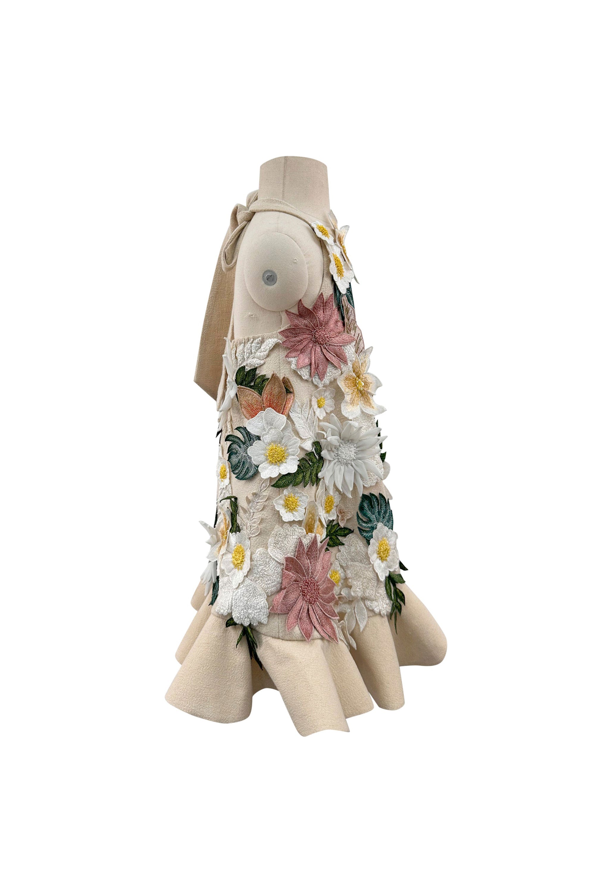 Floral Applique Dress with Detachable Feathers