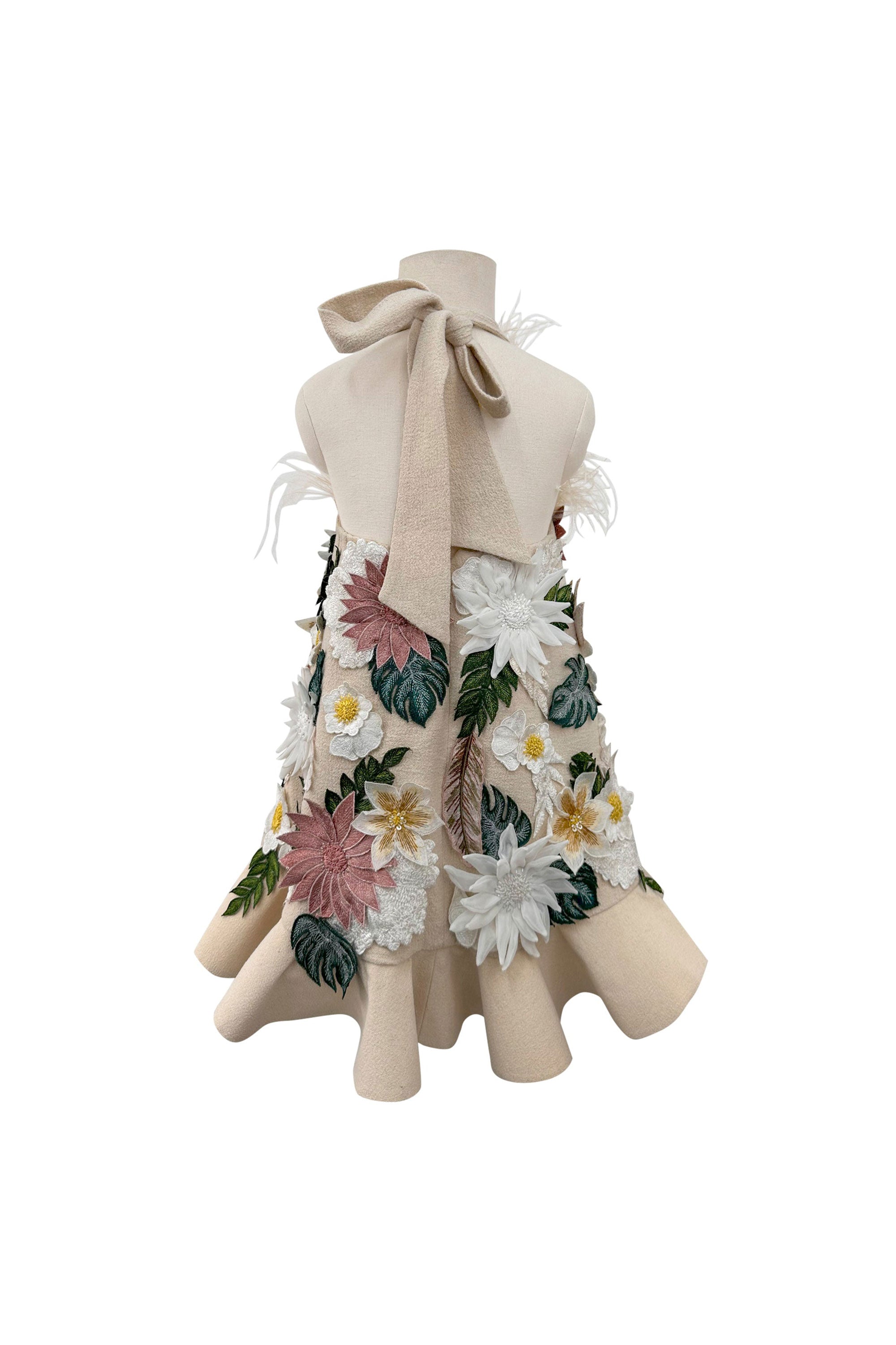 Floral Applique Dress with Detachable Feathers