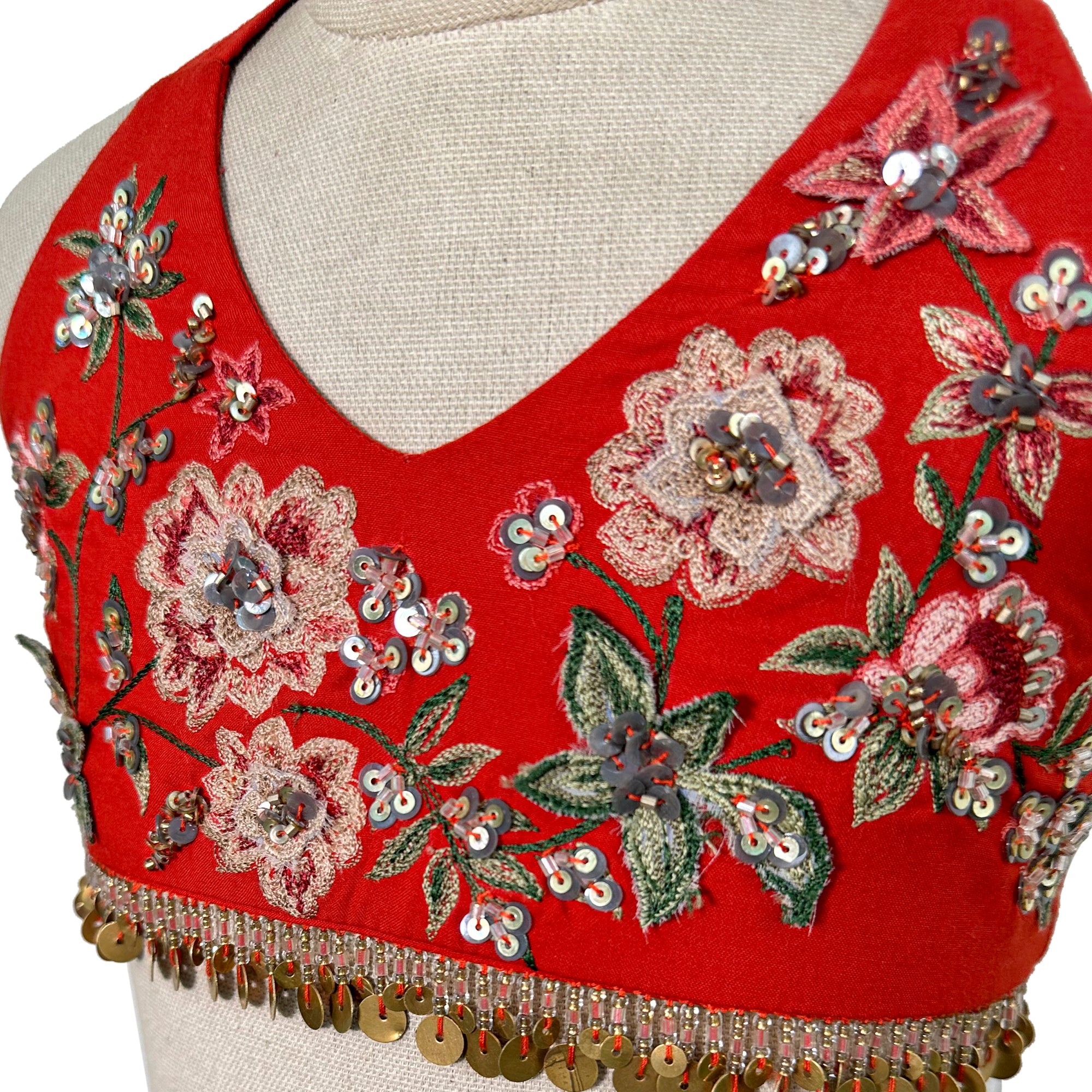 Printed Pure Organza Lehenga with Embellished Halter Blouse
