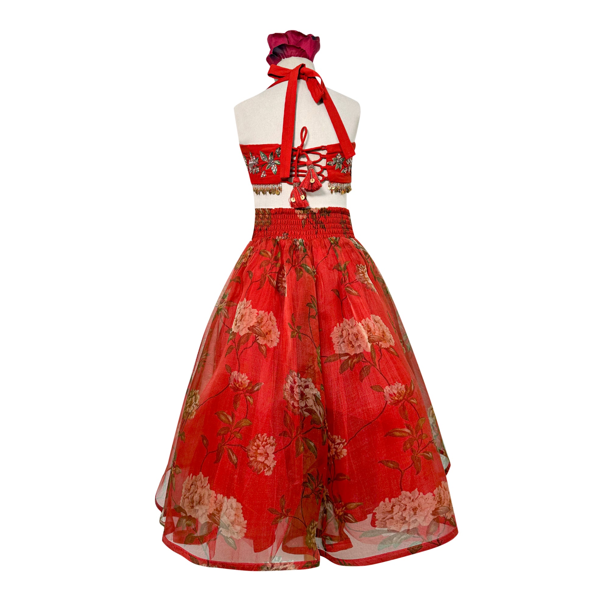 Printed Pure Organza Lehenga with Embellished Halter Blouse
