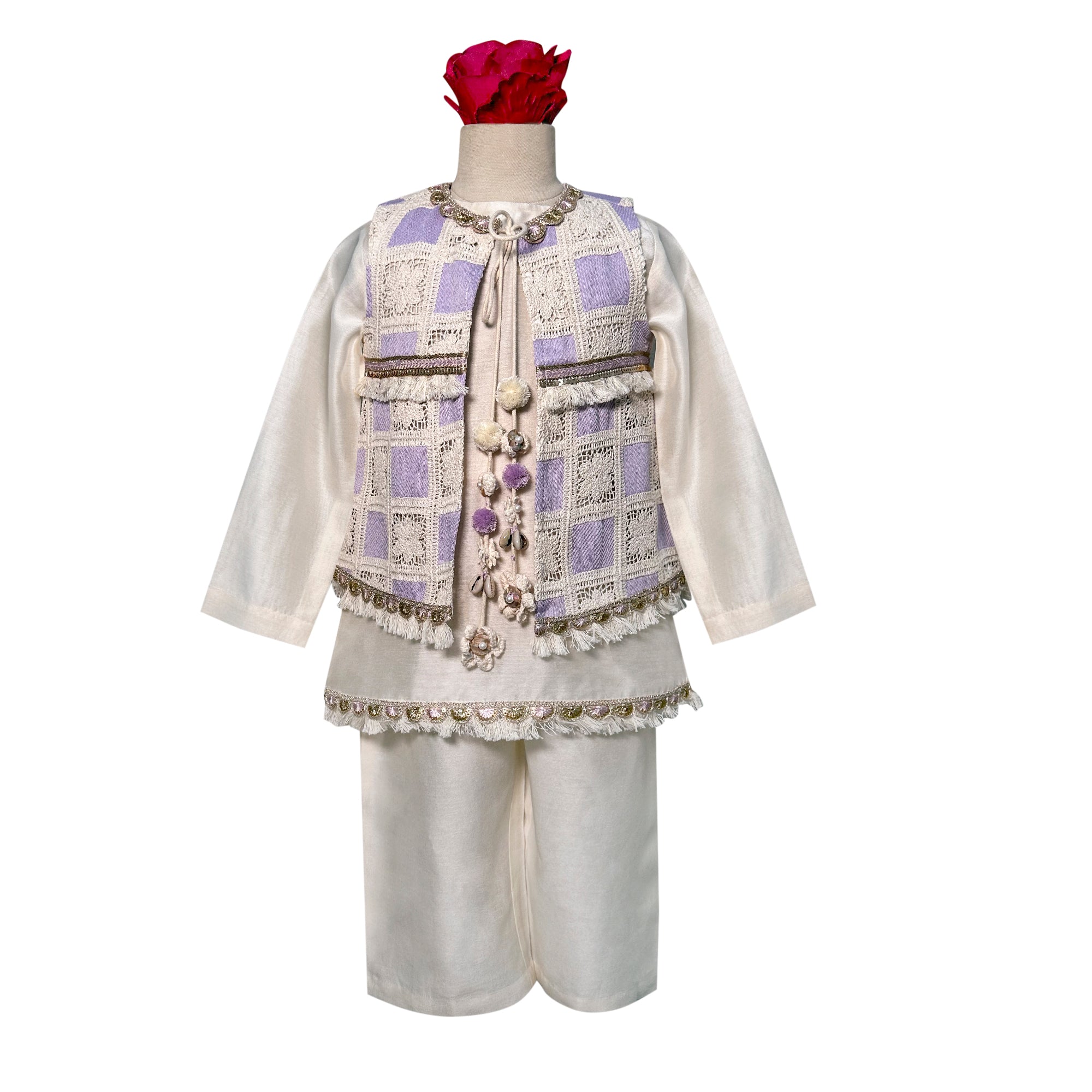 Chandheri Kurta Pajama with Crochet Sleeveless Jacket
