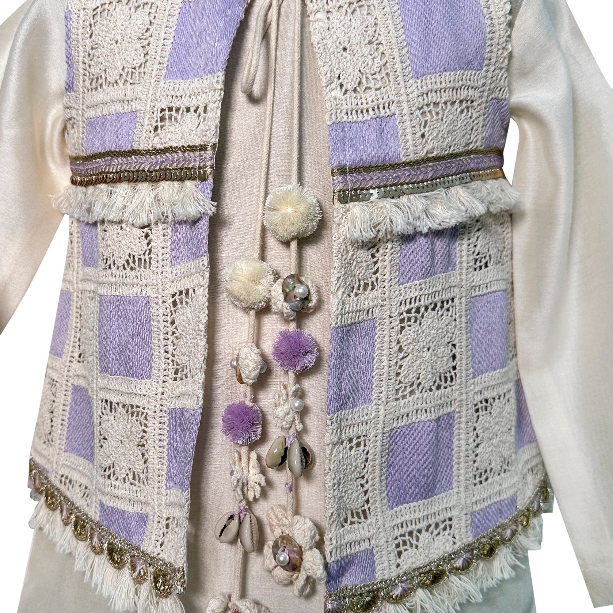 Chandheri Kurta Pajama with Crochet Sleeveless Jacket