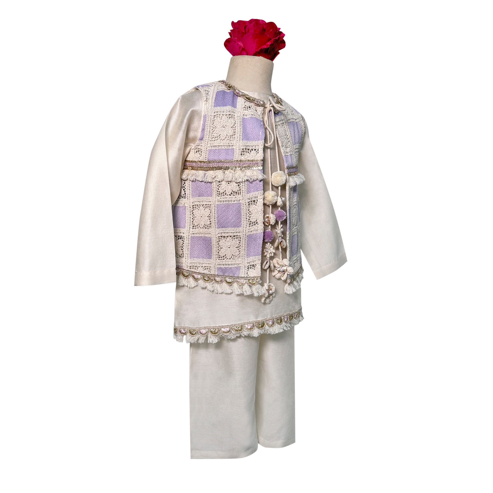 Chandheri Kurta Pajama with Crochet Sleeveless Jacket
