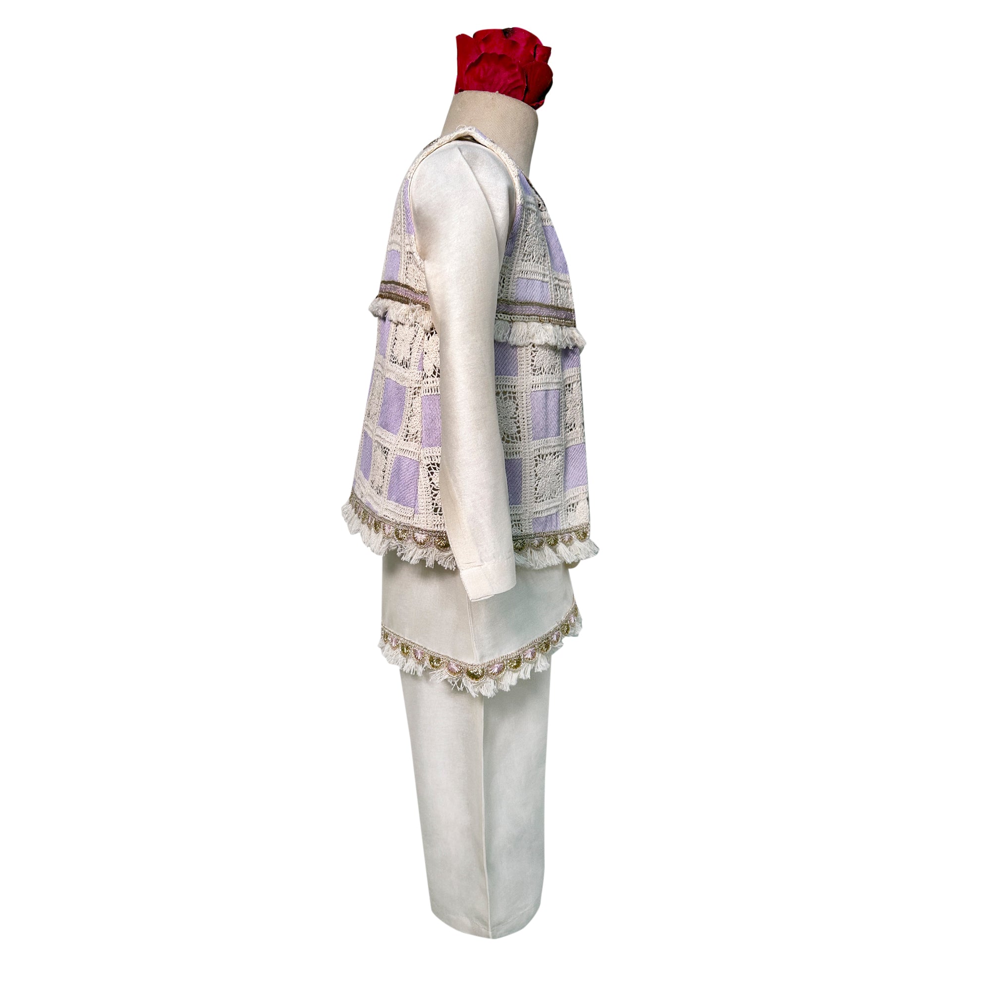Chandheri Kurta Pajama with Crochet Sleeveless Jacket