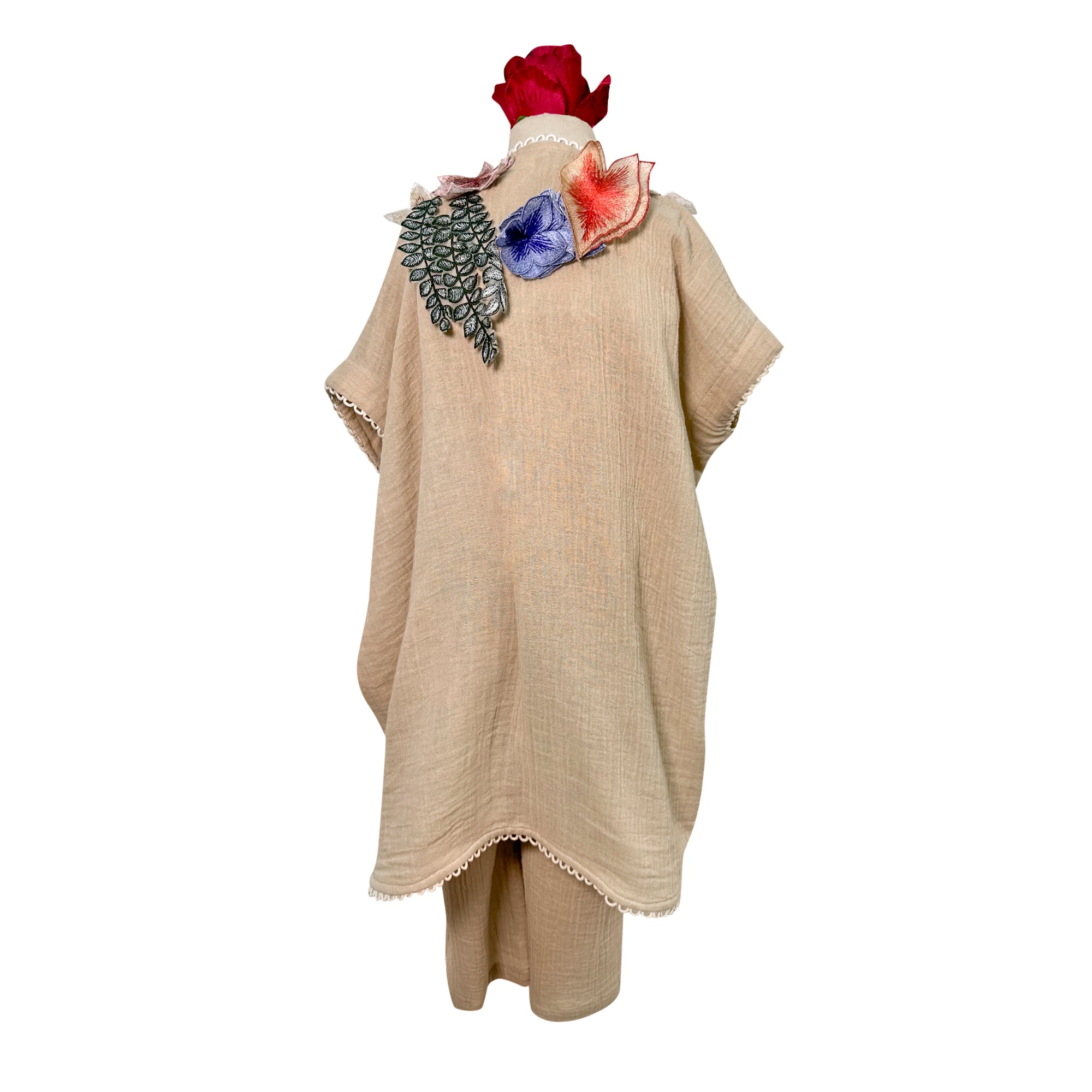 Cotton Jumpsuit with Floral Applique Cape