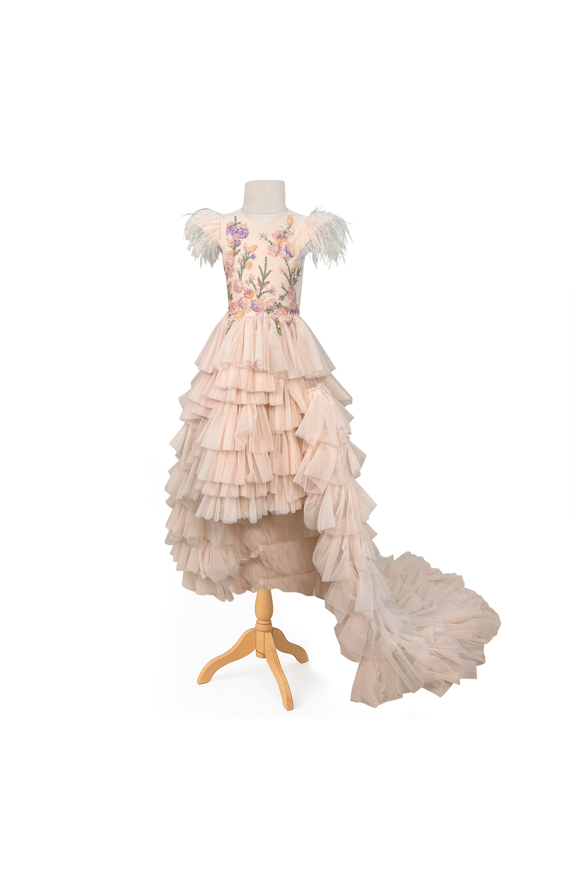 Mary Tulle Midi Dress with Trail (Coral Pink)