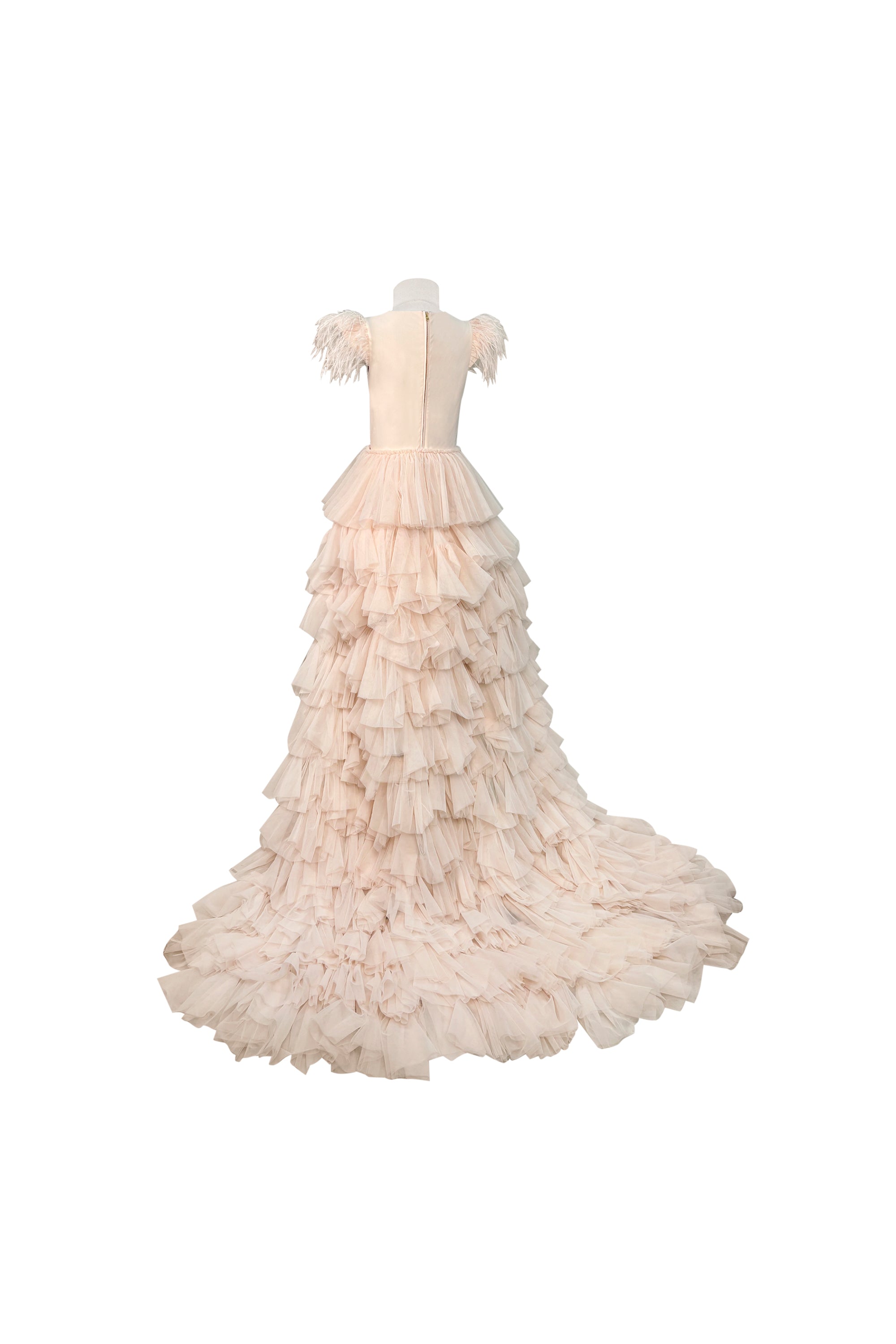 Mary Tulle Midi Dress with Trail (Coral Pink)