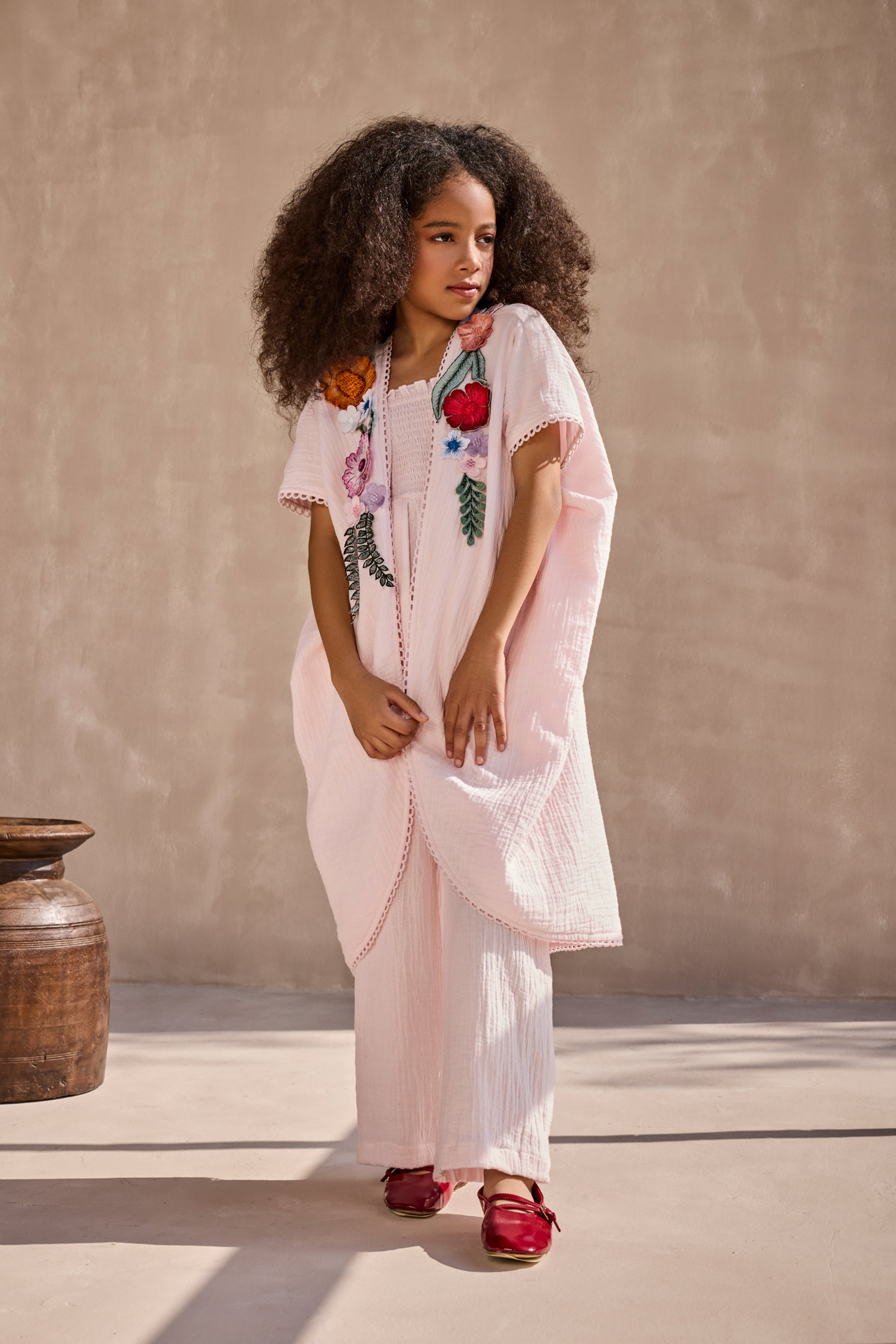Pink Floral Applique Cape & Jumpsuit Set