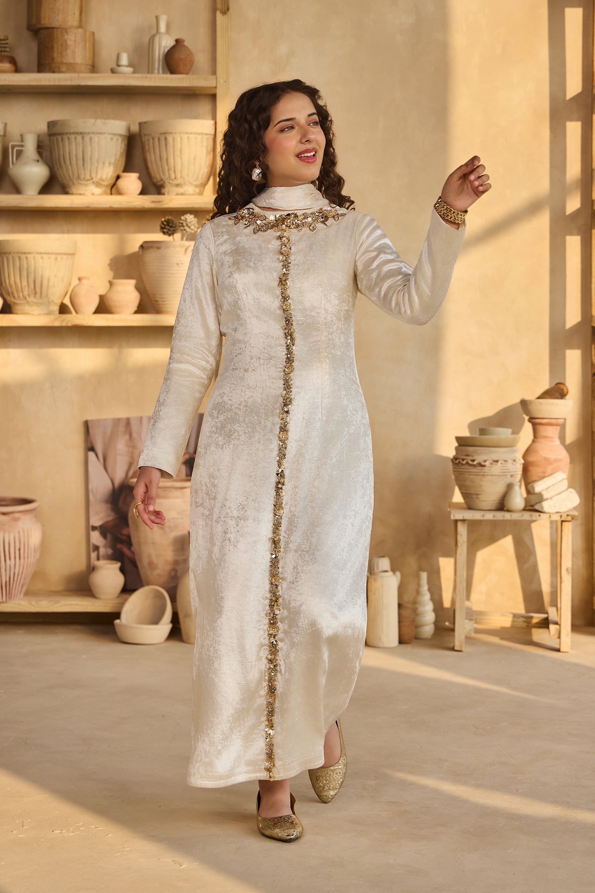 Serene Off White Dress with Scarf (Set of 2)