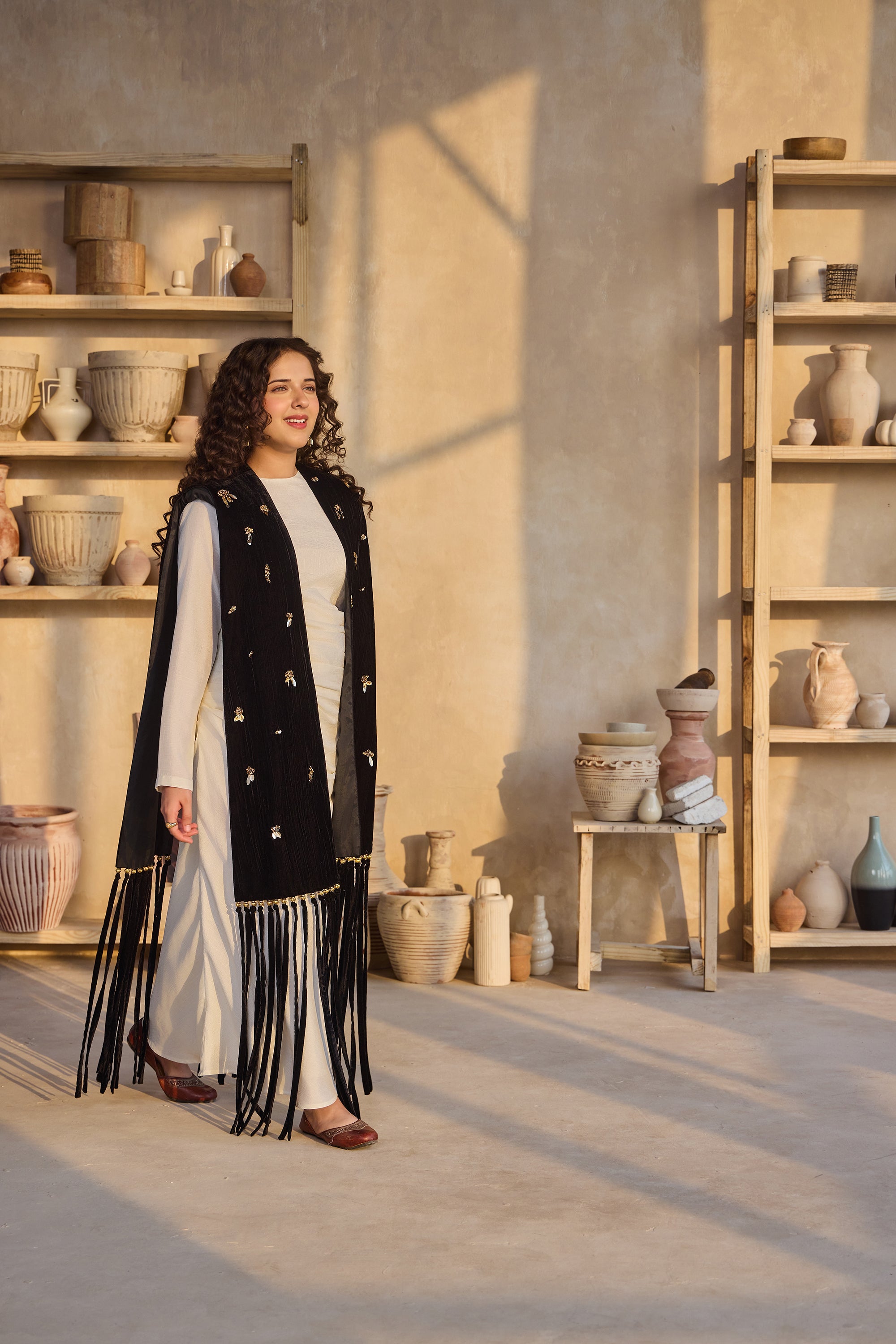 Alaida Black Fringe Cape with Ziva Off White Drape Dress (Set of 2)