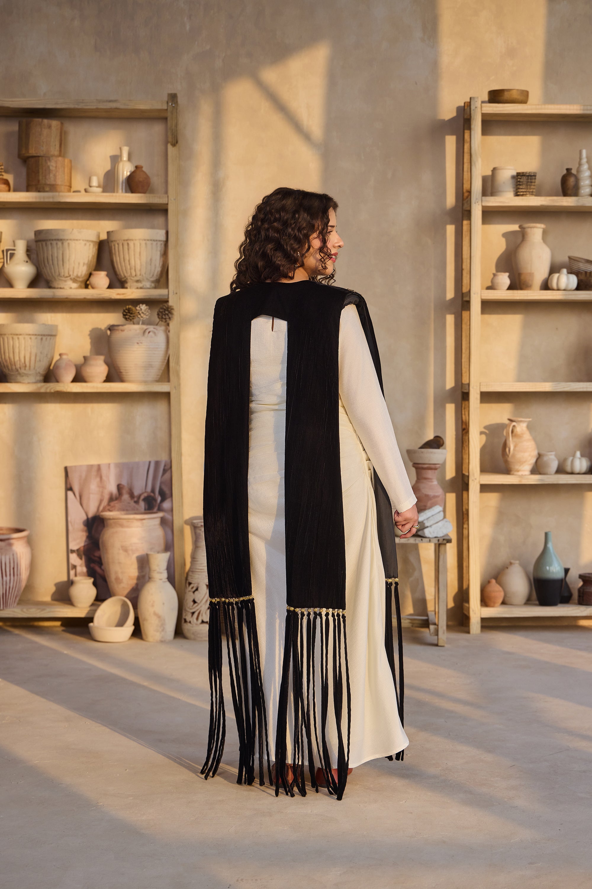 Alaida Black Fringe Cape with Ziva Off White Drape Dress (Set of 2)