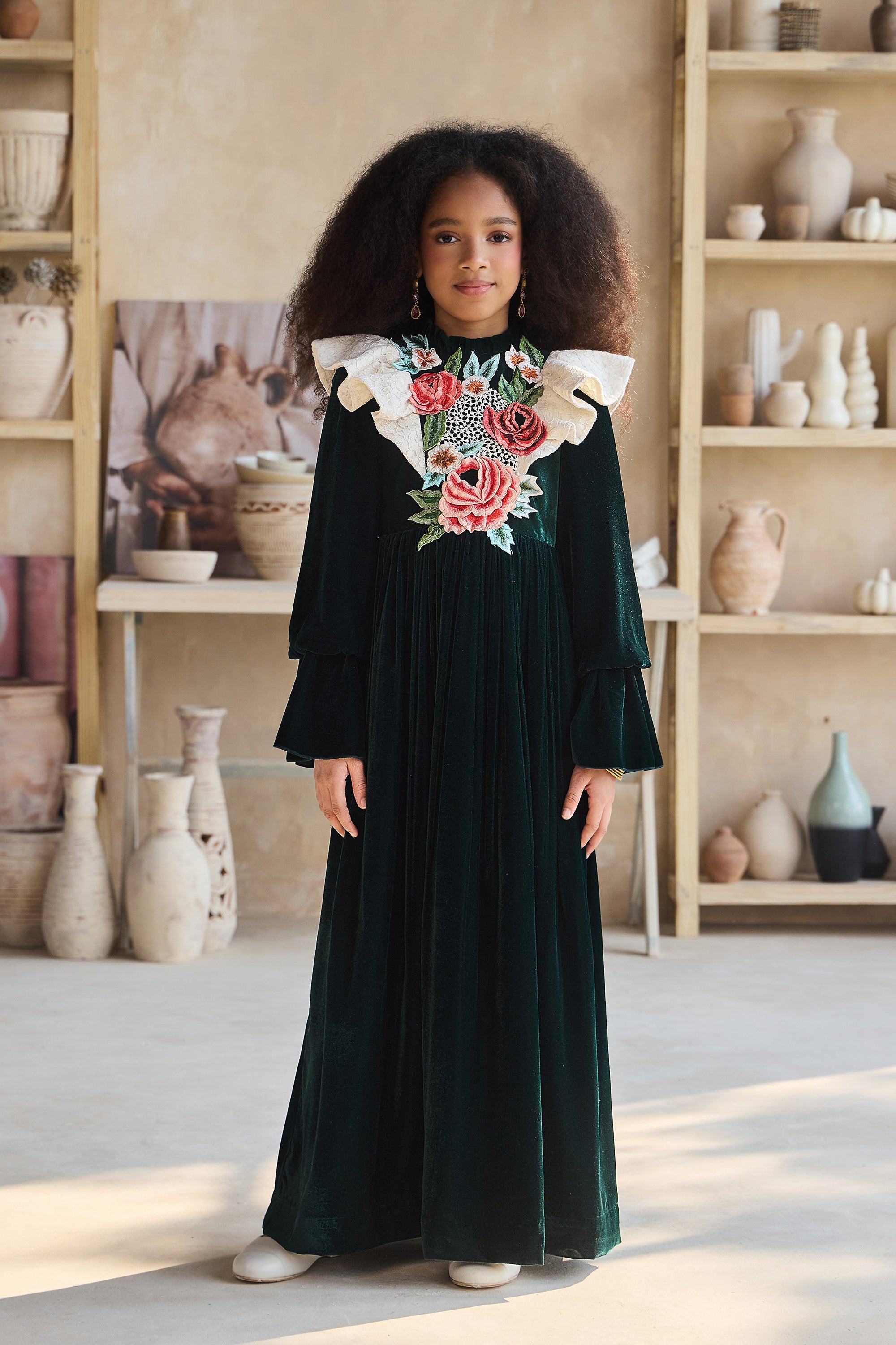 Narina Flower Green Velvet Dress