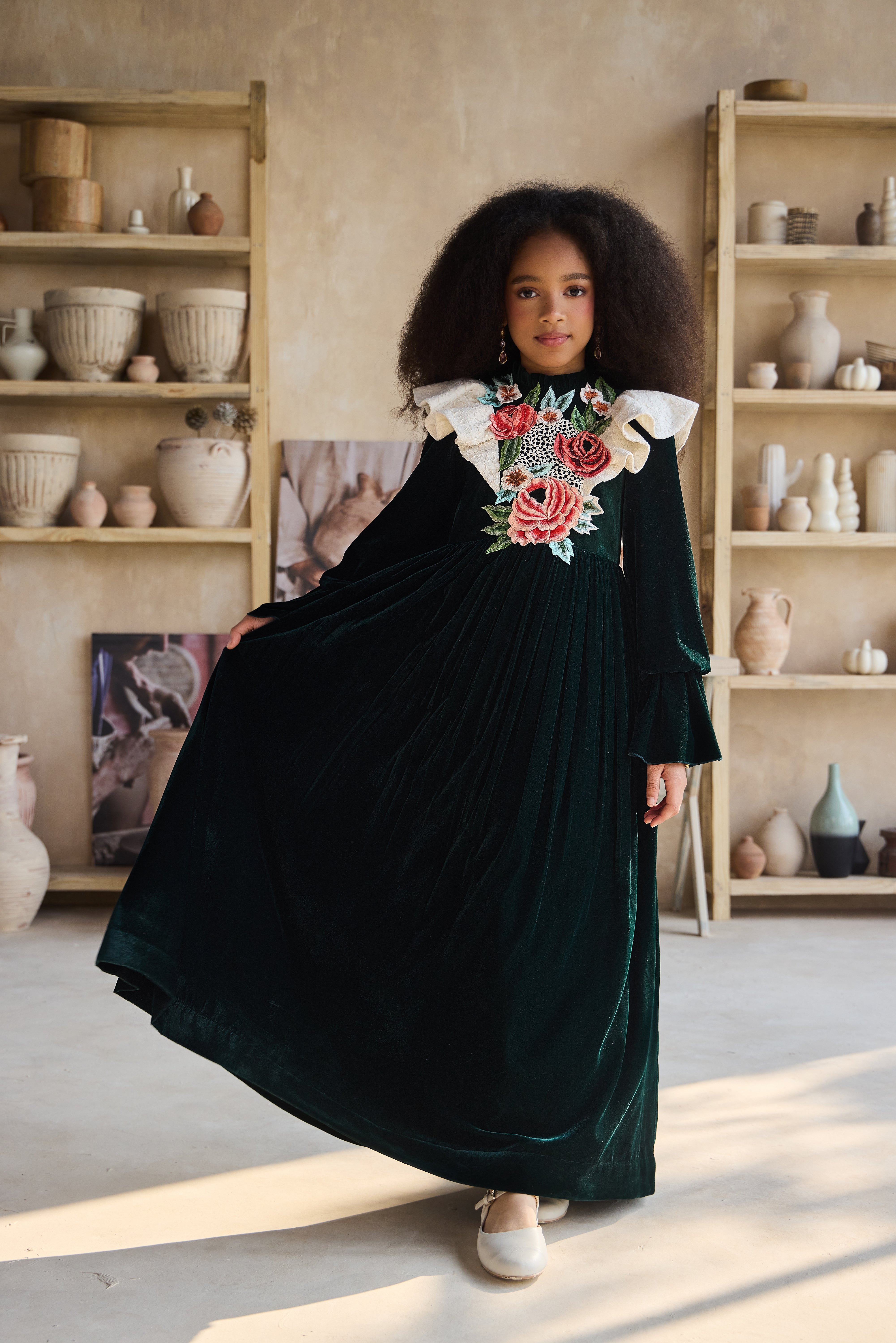 Narina Flower Green Velvet Dress