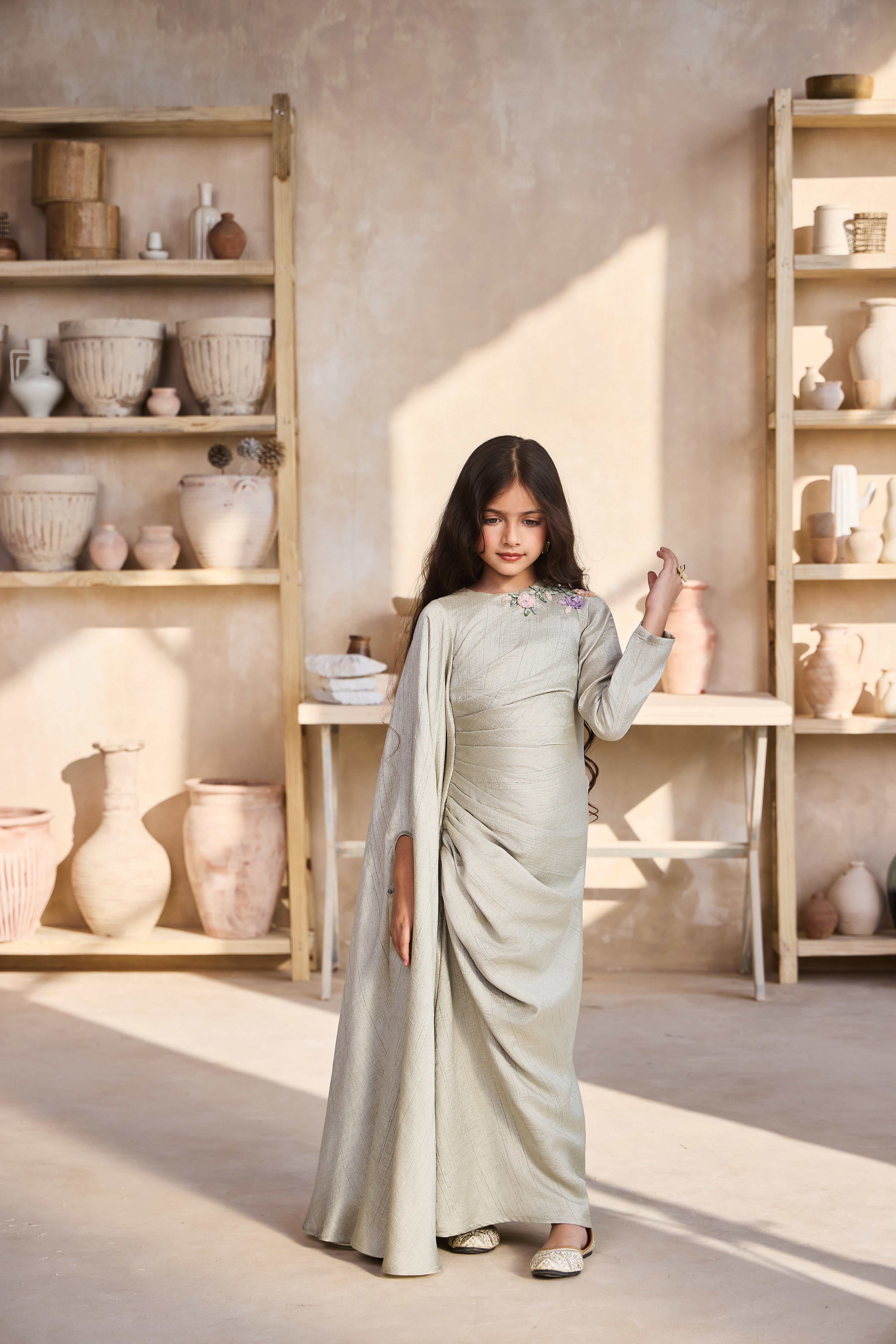 Ferish Drape Pista Green Dress