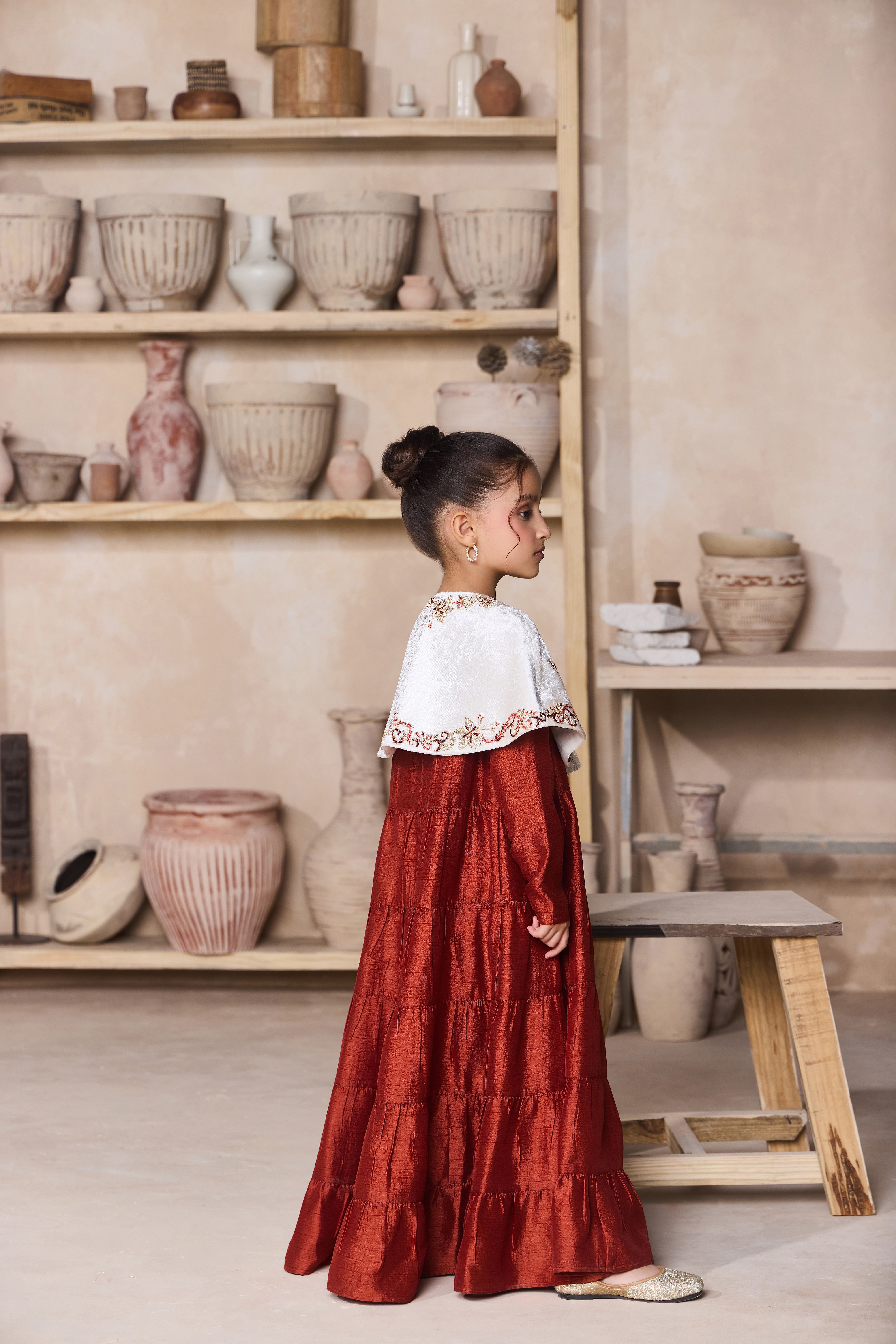 Saher Short Cape with Laiba Jalabiya Rust Brown (Set of 2)