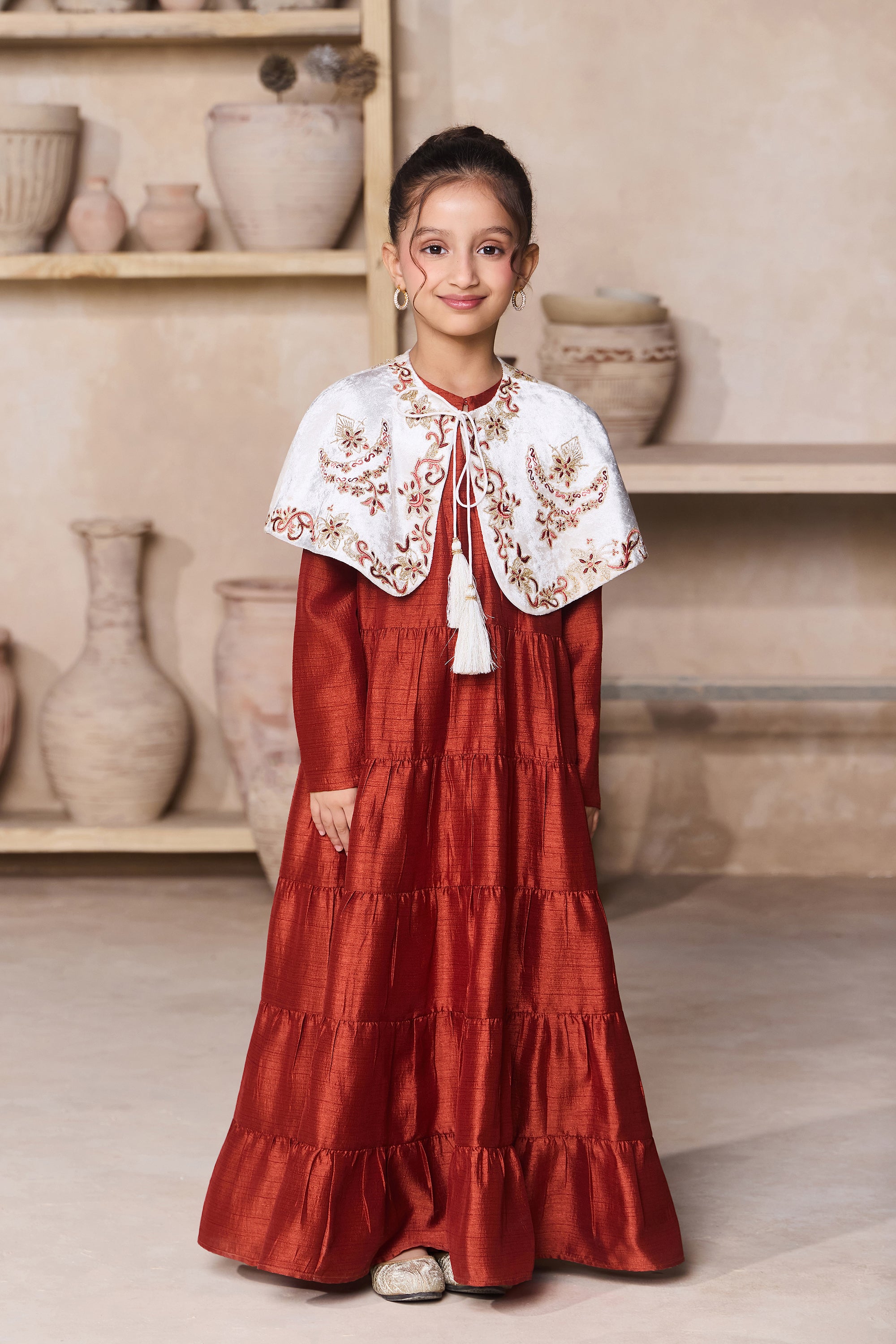 Saher Short Cape with Laiba Jalabiya Rust Brown (Set of 2)