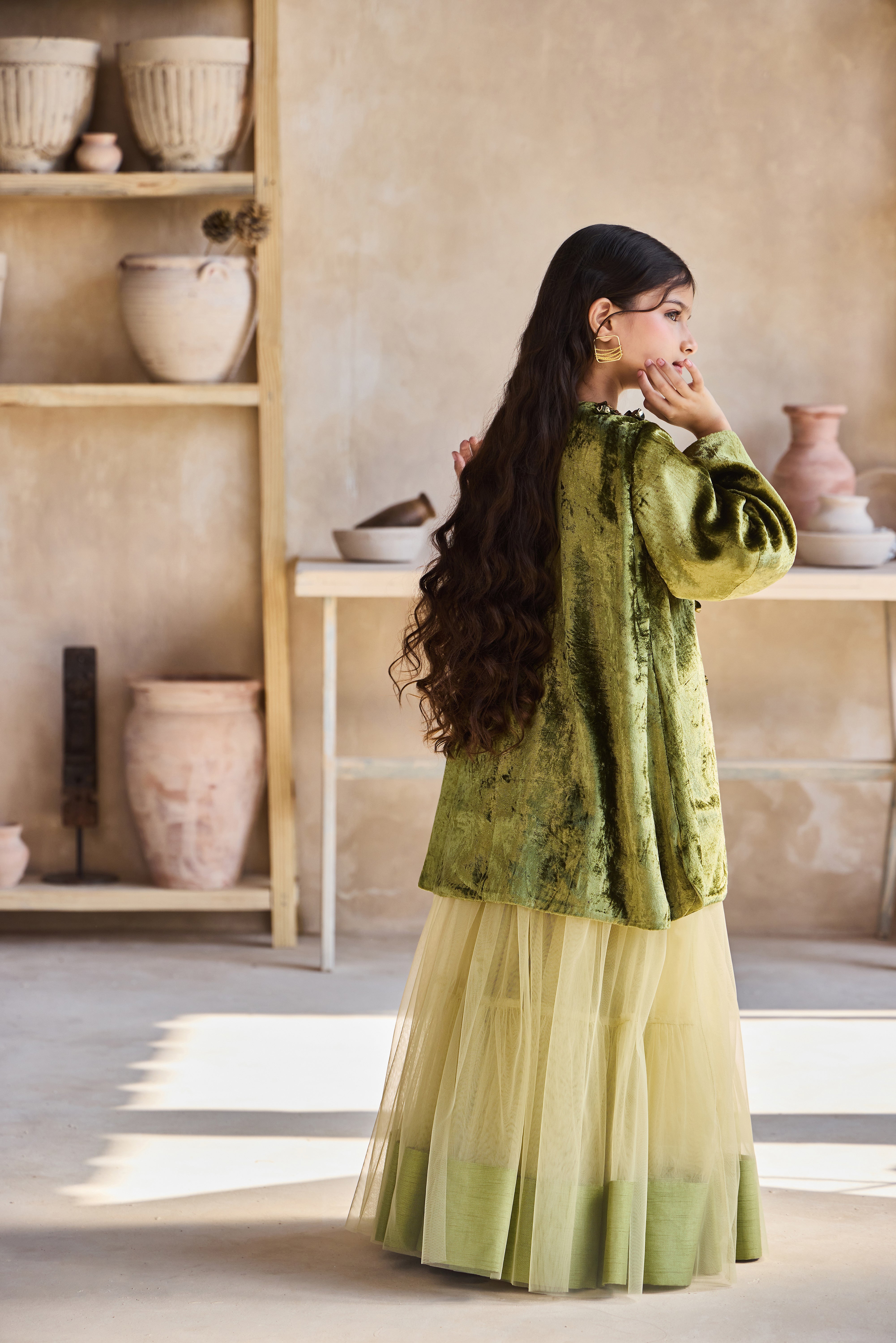 Iyana Olive Green Top with Skirt (Set of 2)