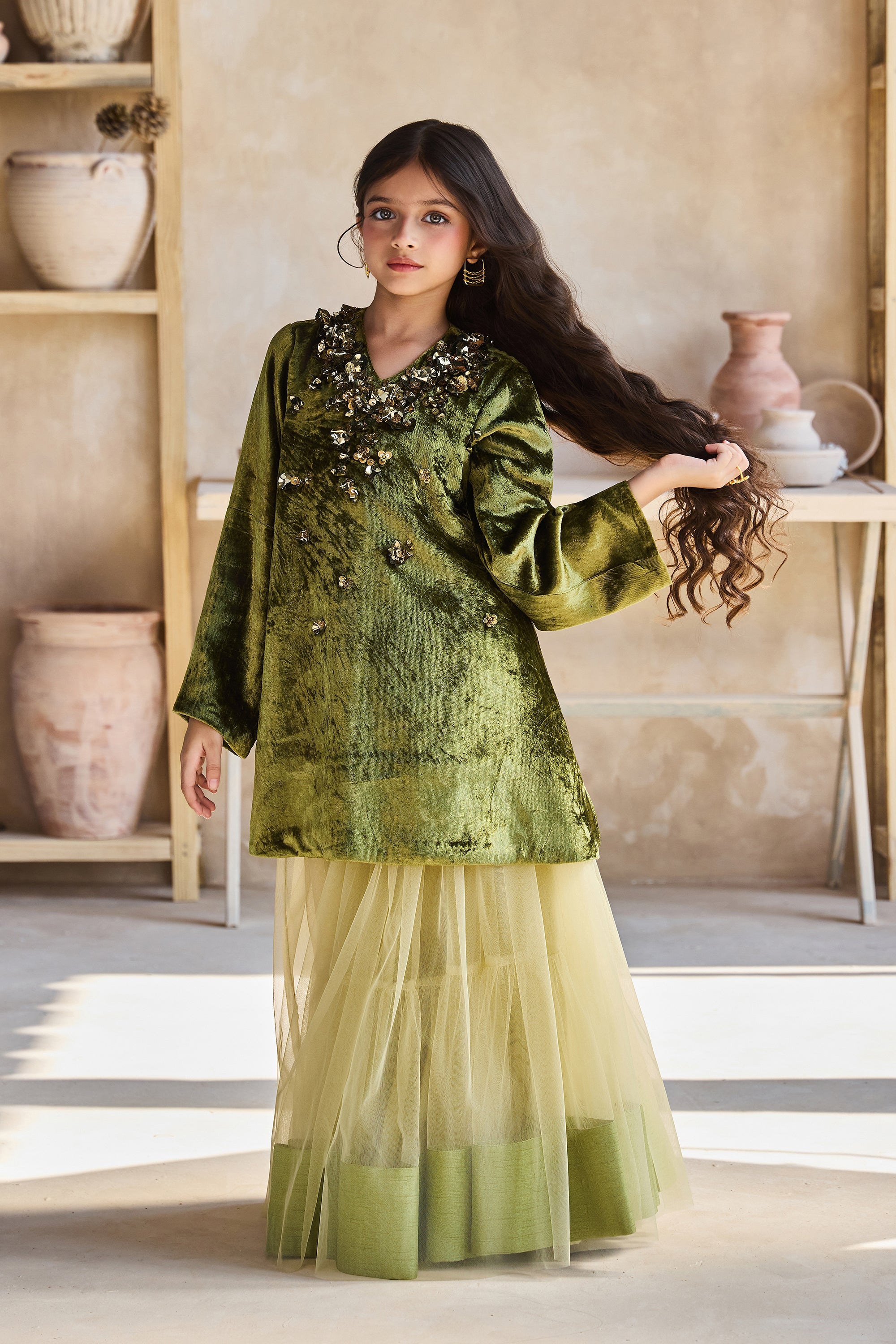 Iyana Olive Green Top with Skirt (Set of 2)