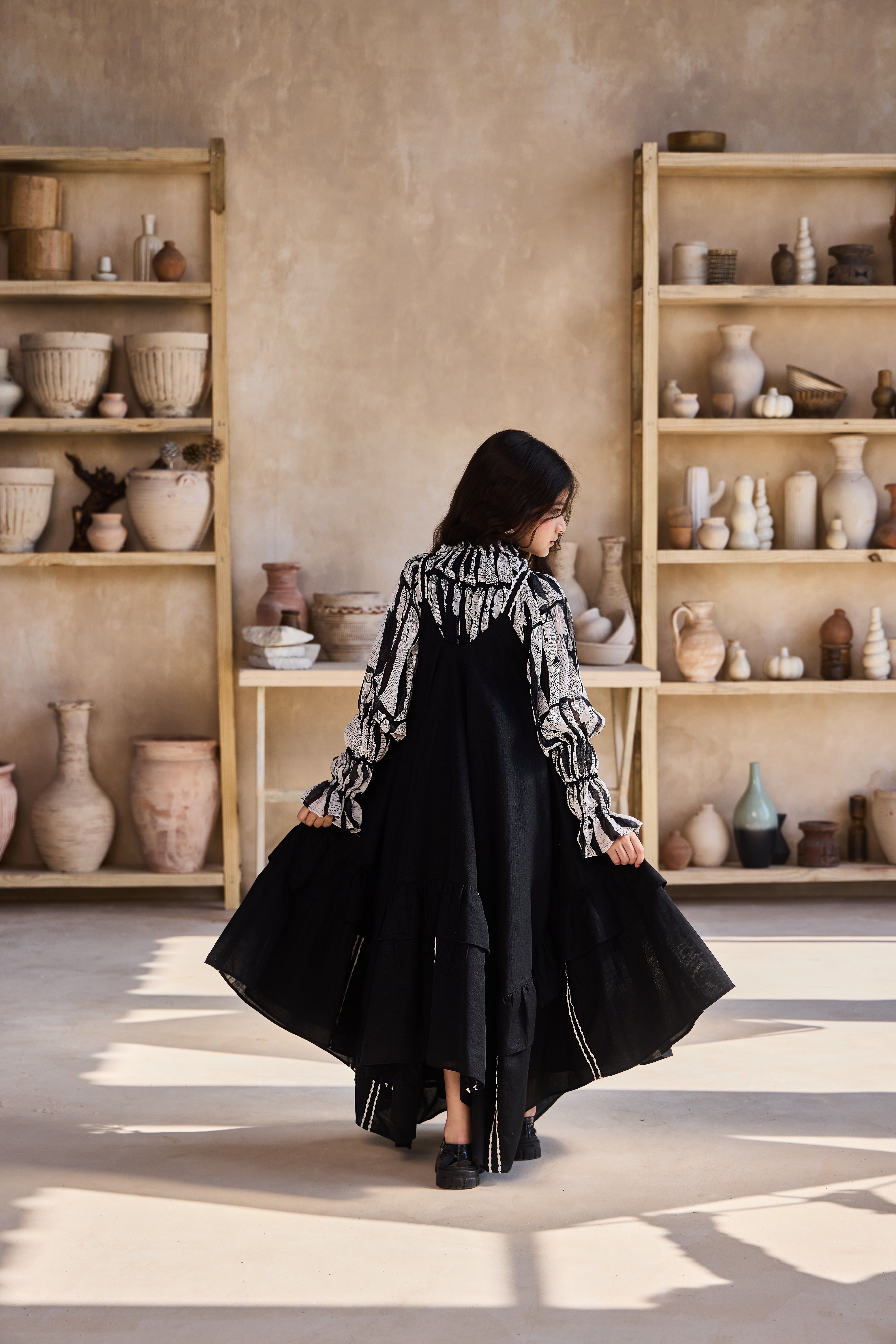 Tribal Printed Top with Black Linen Dress (Set of 2)