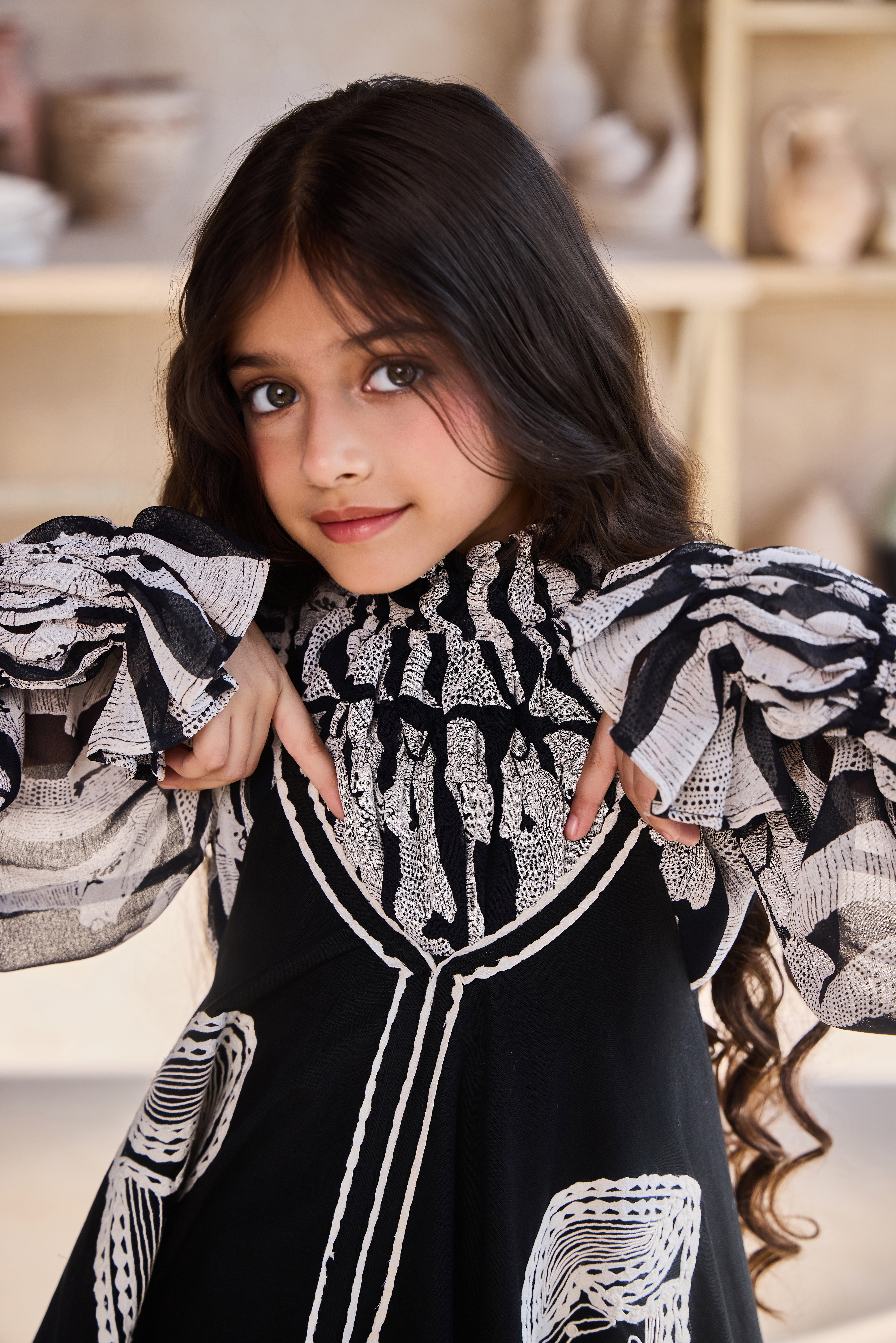 Tribal Printed Top with Black Linen Dress (Set of 2)