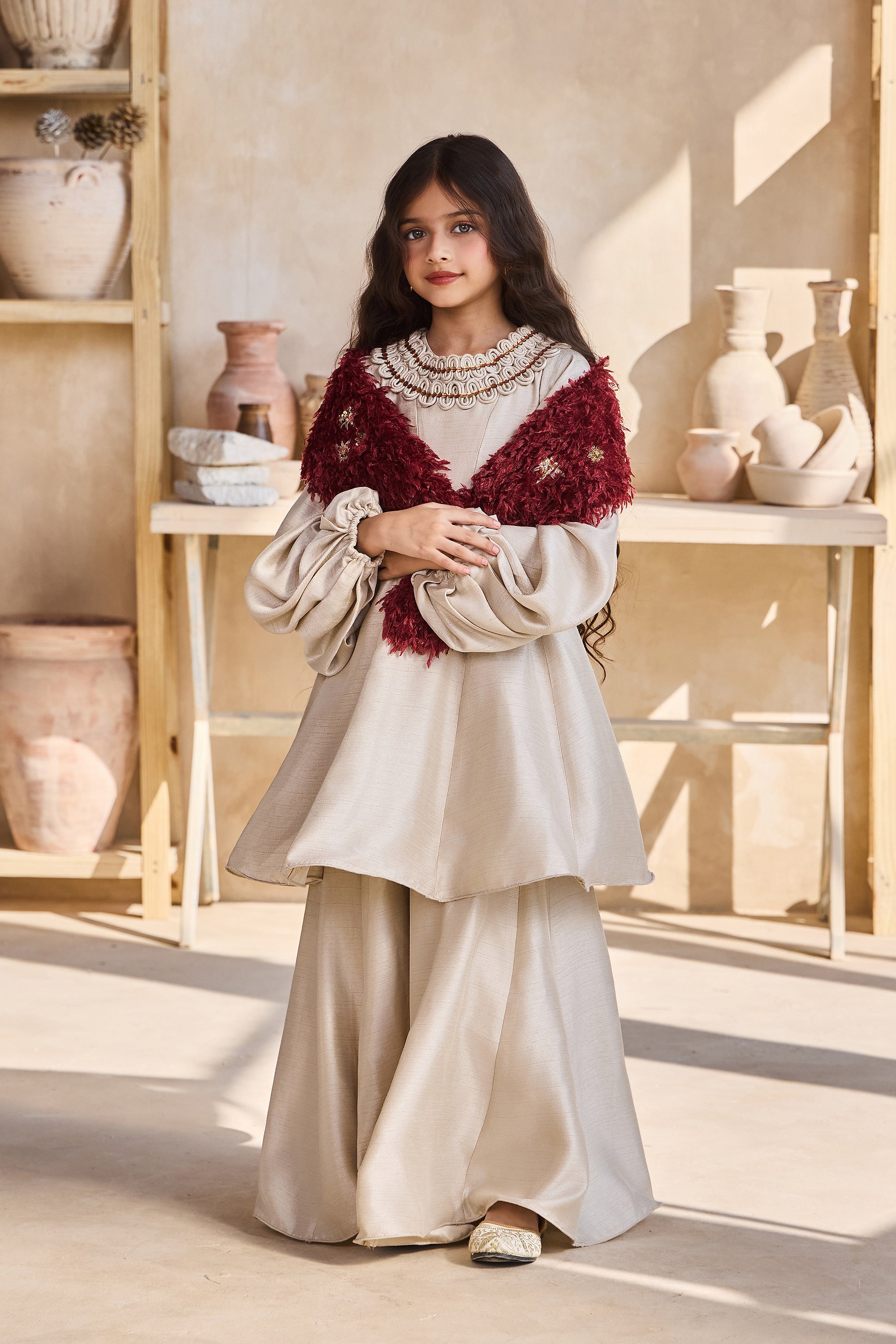 Nami Beige Dress with Berry Fluff Scarf (Set of 2)