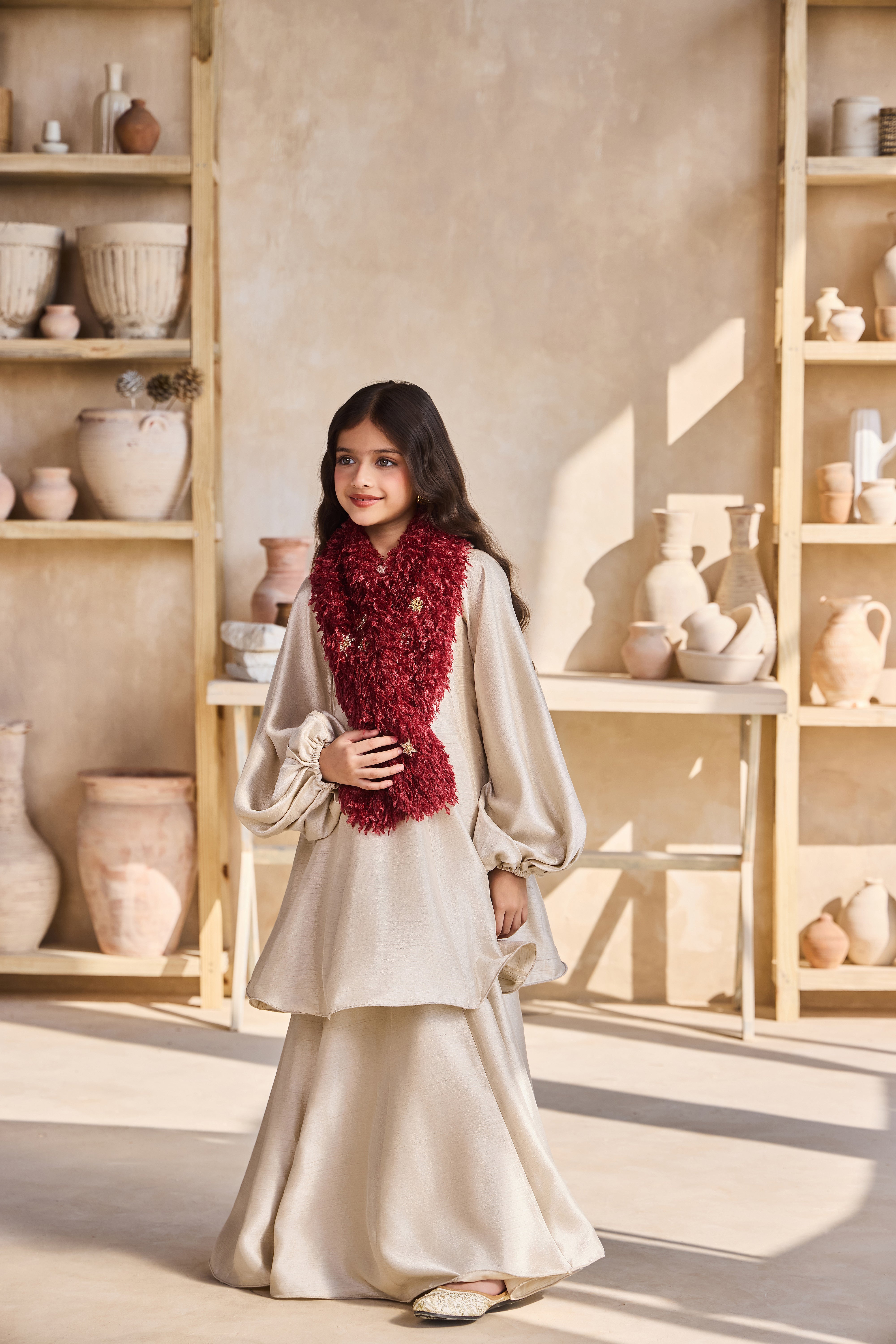 Nami Beige Dress with Berry Fluff Scarf (Set of 2)