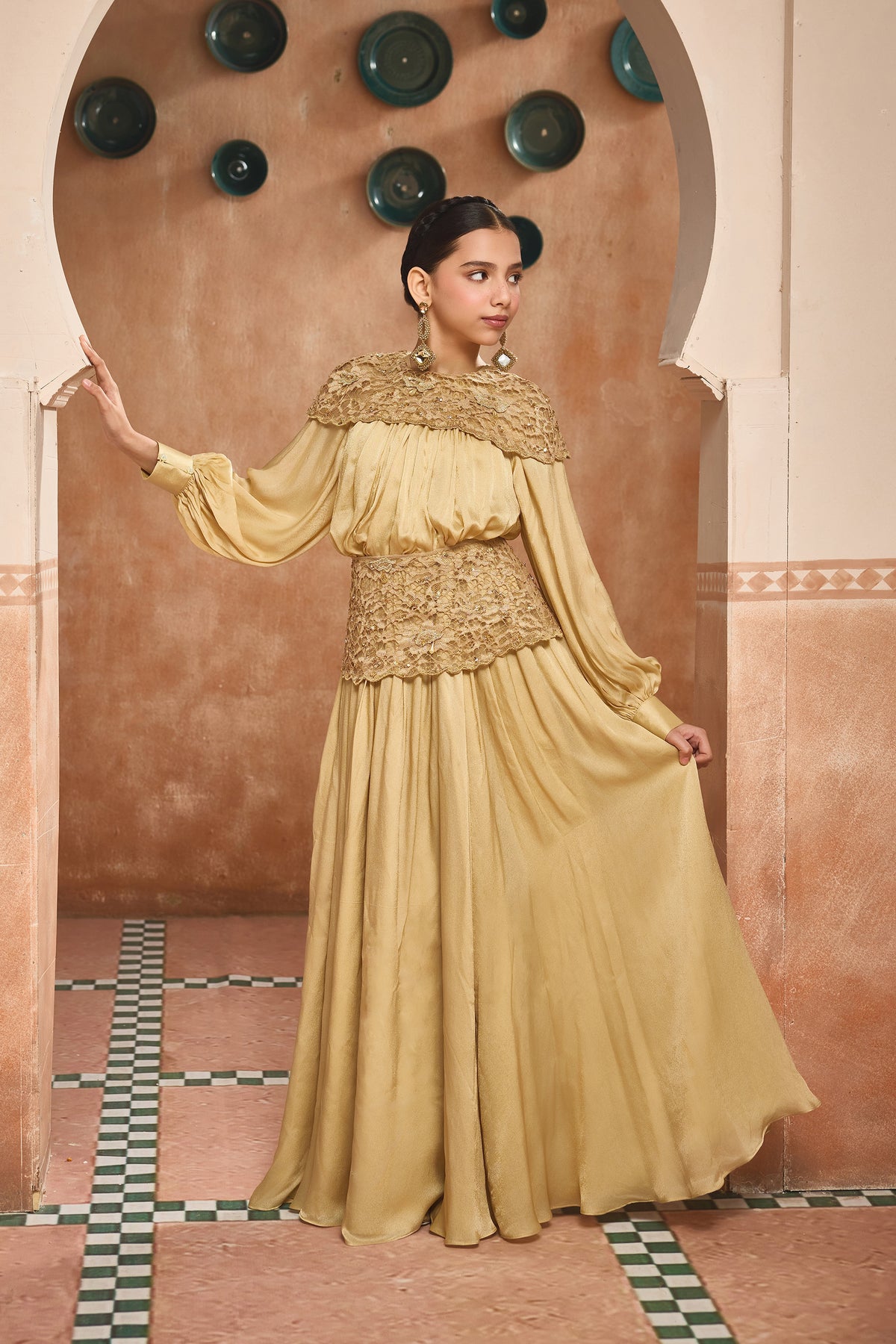 Lina Golden Dress with Lace Belt