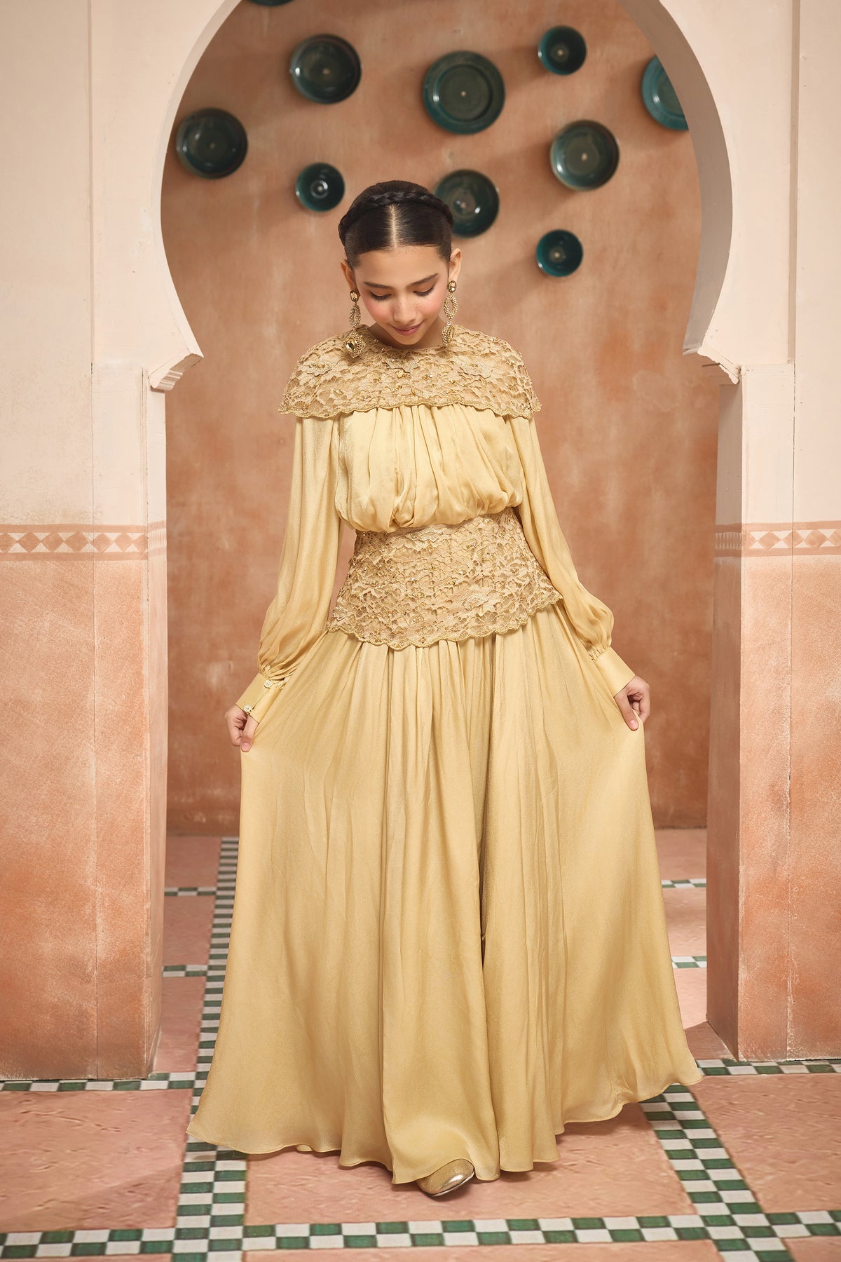 Lina Golden Dress with Lace Belt