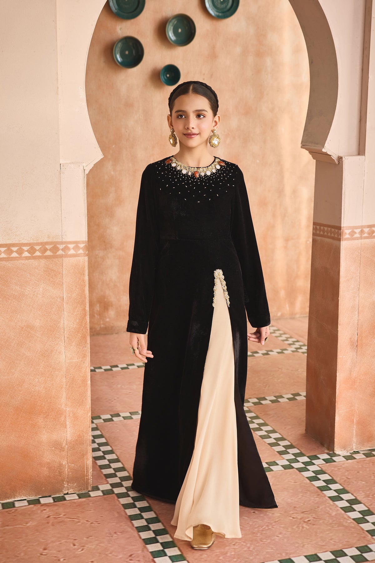 Naira Black Velvet Tunic & Beige Flared Pants with Scarf