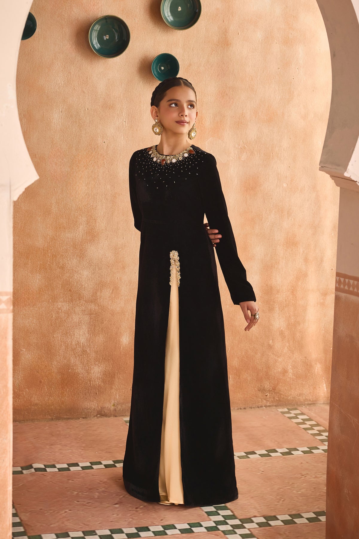 Naira Black Velvet Tunic & Beige Flared Pants